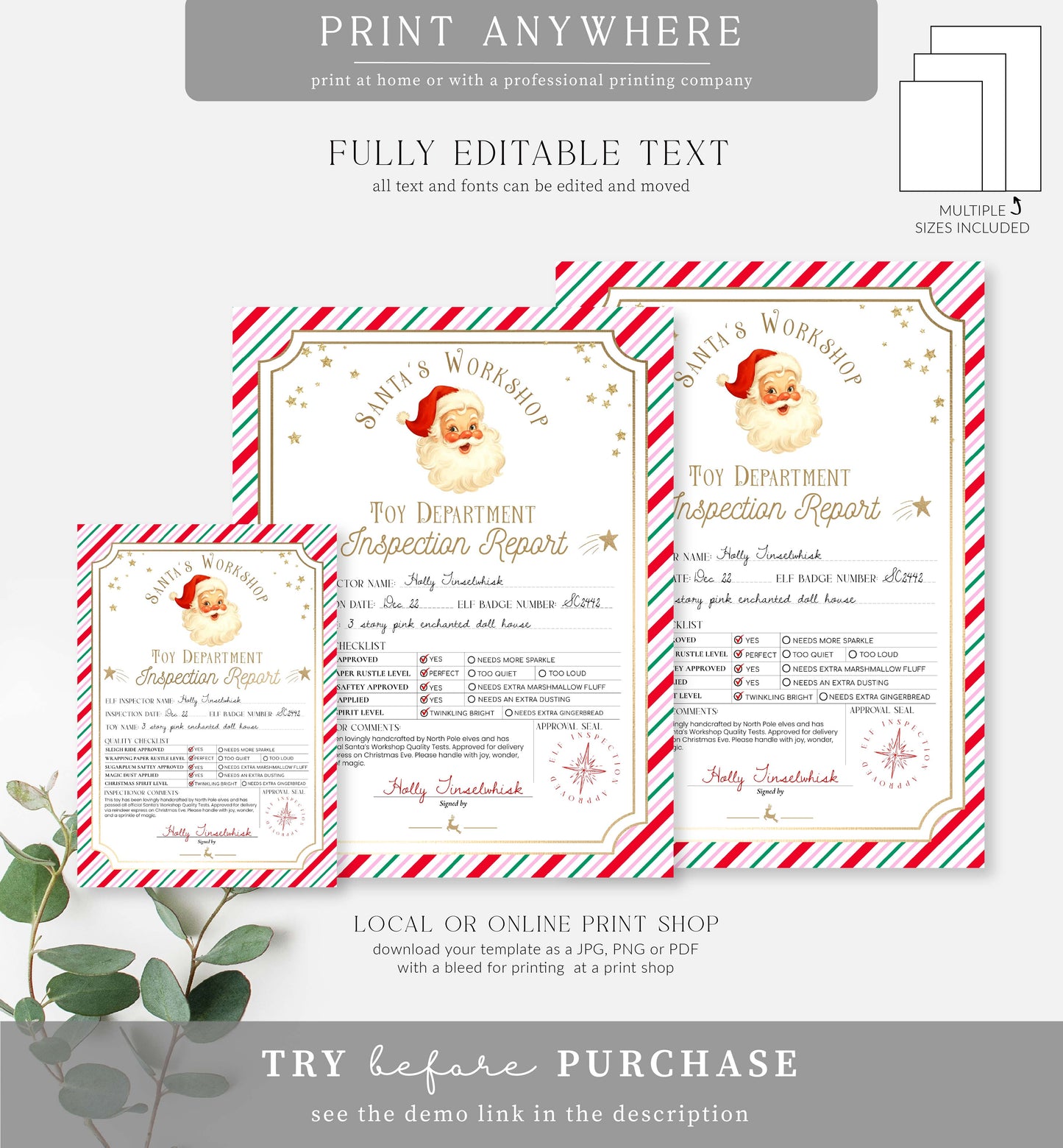Santa's Workshop Pink Multi | Printable Christmas Toy Inspection Report Template
