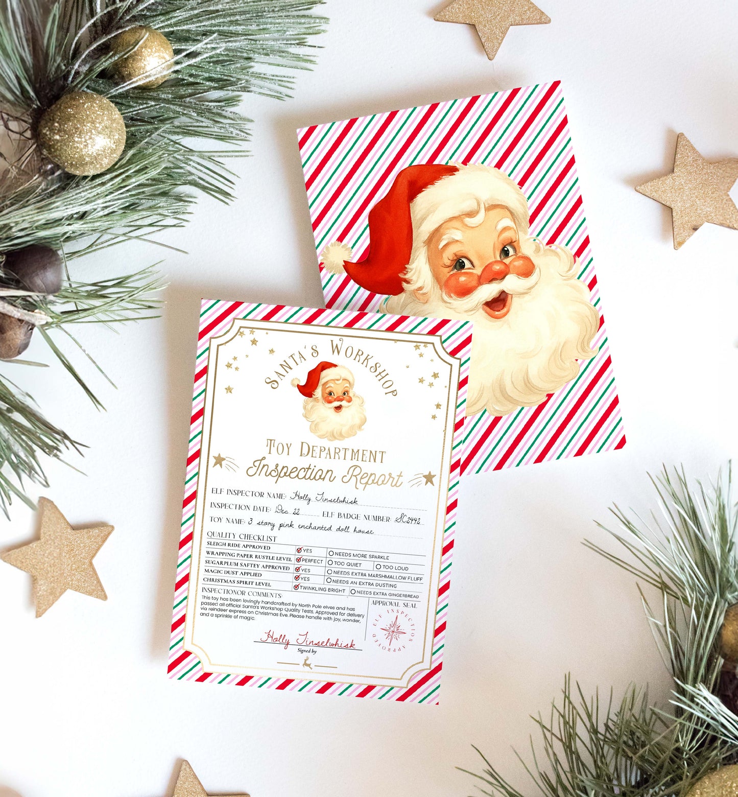 Christmas-themed letter with Santa Claus illustration and festive decorations. Printable Santa’s Workshop Toy Inspection Report, Christmas Gift Tag, From Santa Tag, Kid's Christmas Gift, Made In The North Pole, Stripe