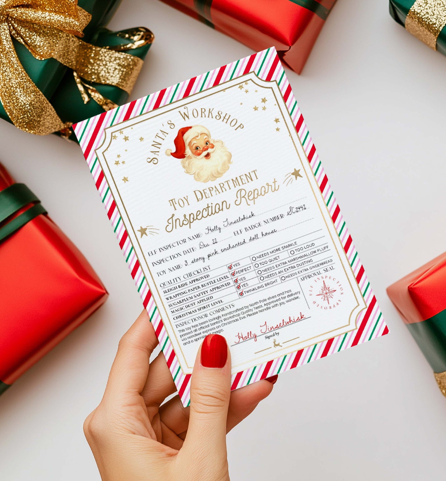 Hand holding a Santa's Workshop Toy Department Inspection Report with Christmas-themed background. Printable Santa’s Workshop Toy Inspection Report, Christmas Gift Tag, From Santa Tag, Kid's Christmas Gift, Made In The North Pole, Stripe