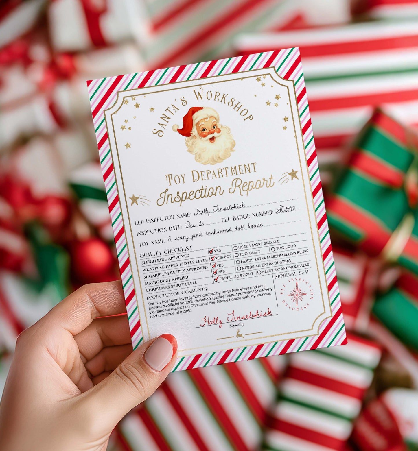 Hand holding a festive toy inspection report card with Santa Claus design against a candy cane background. Printable Santa’s Workshop Toy Inspection Report, Christmas Gift Tag, From Santa Tag, Kid's Christmas Gift, Made In The North Pole, Stripe
