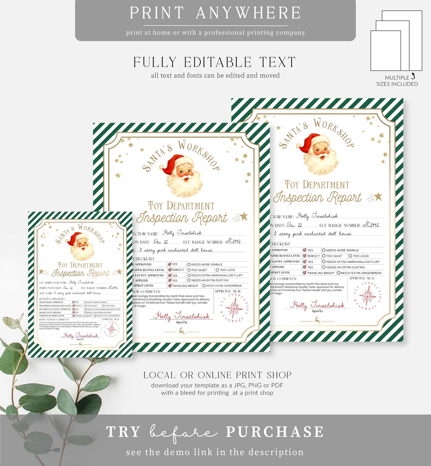 Santa's Workshop Green | Printable Christmas Toy Inspection Report Template