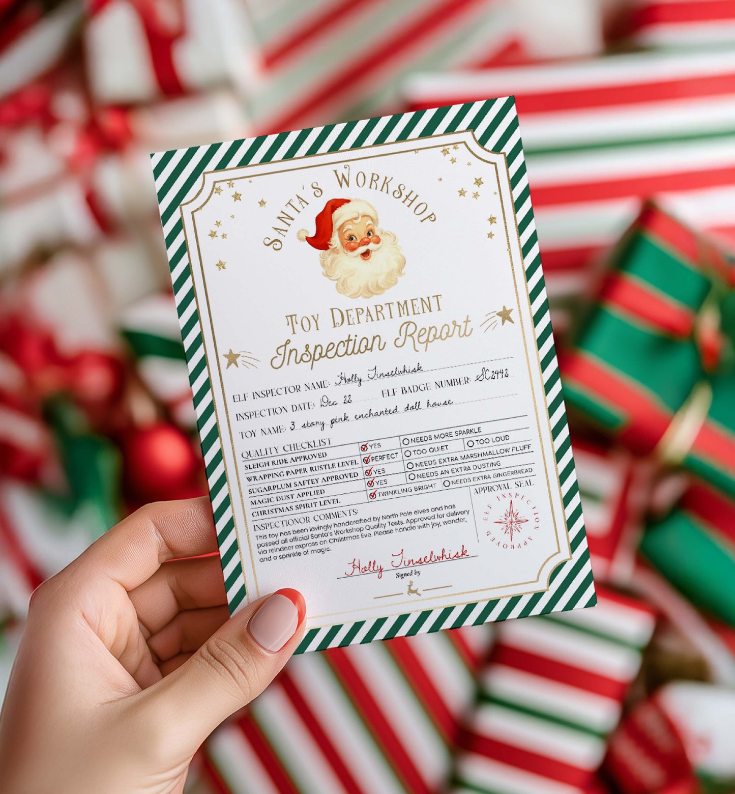 Hand holding a Santa's Workshop toy inspection report with Christmas-themed background. Printable Santa’s Workshop Toy Inspection Report, Christmas Gift Tag, From Santa Tag, Kid's Christmas Gift, Made In The North Pole, Stripe