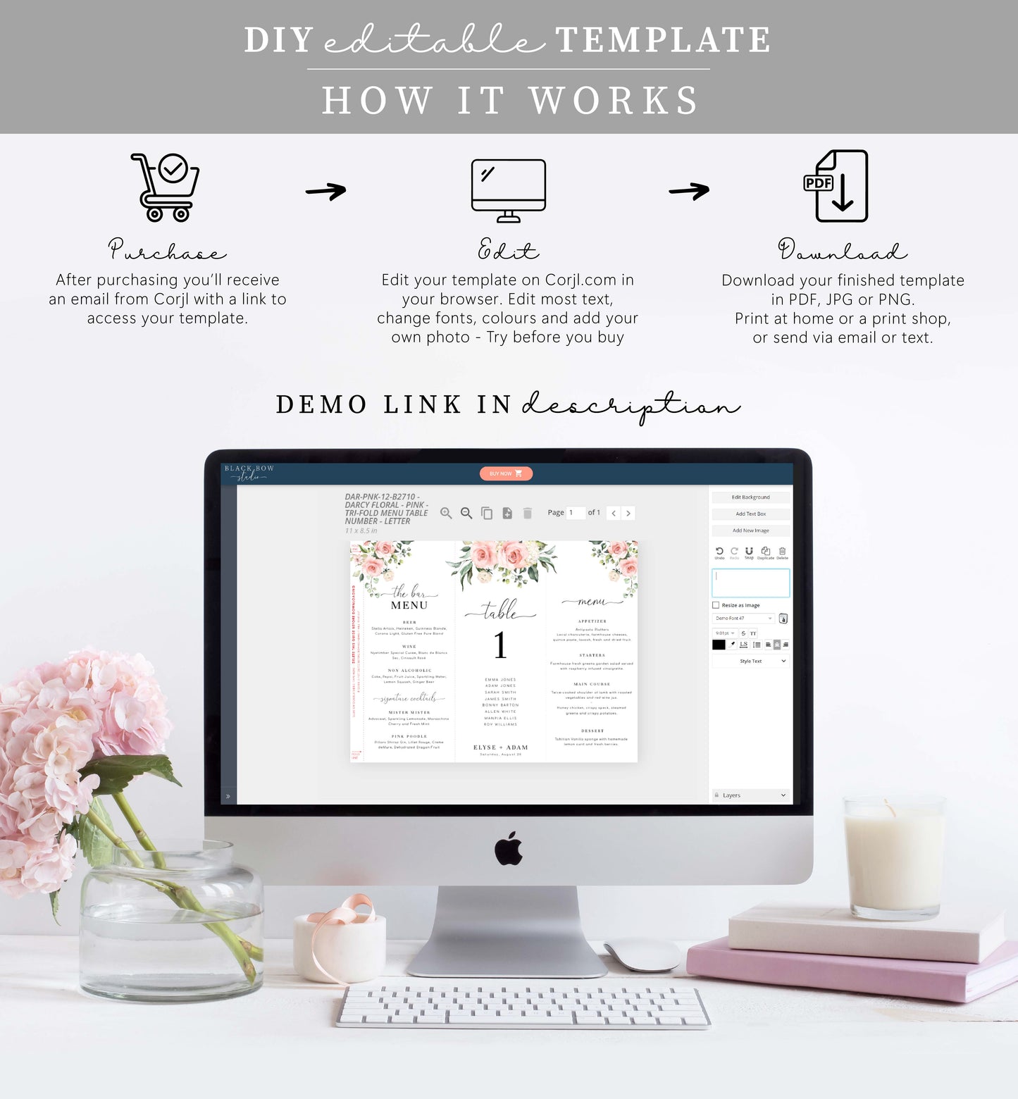 Darcy Floral Pink | Printable Tri-Fold Menu Template