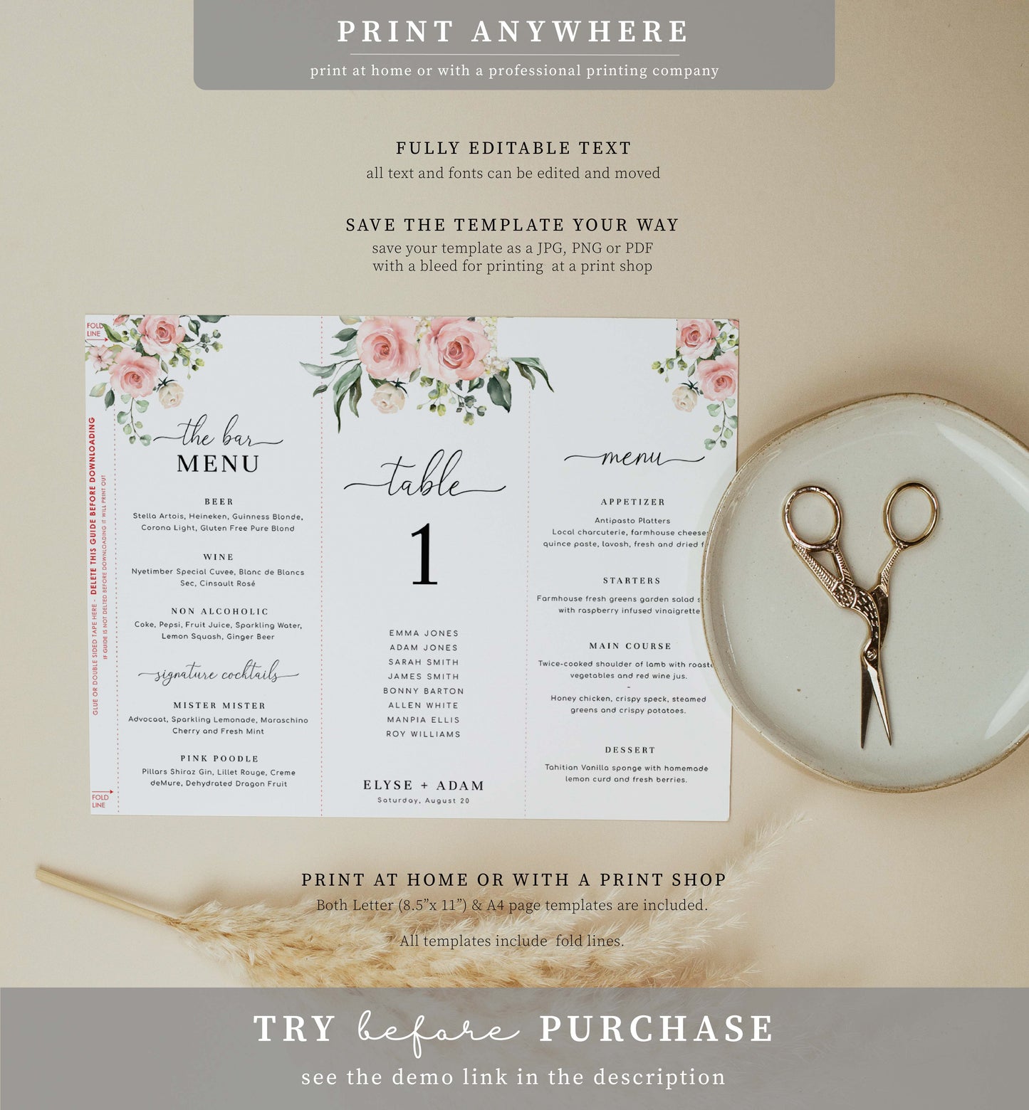 Darcy Floral Pink | Printable Tri-Fold Menu Template