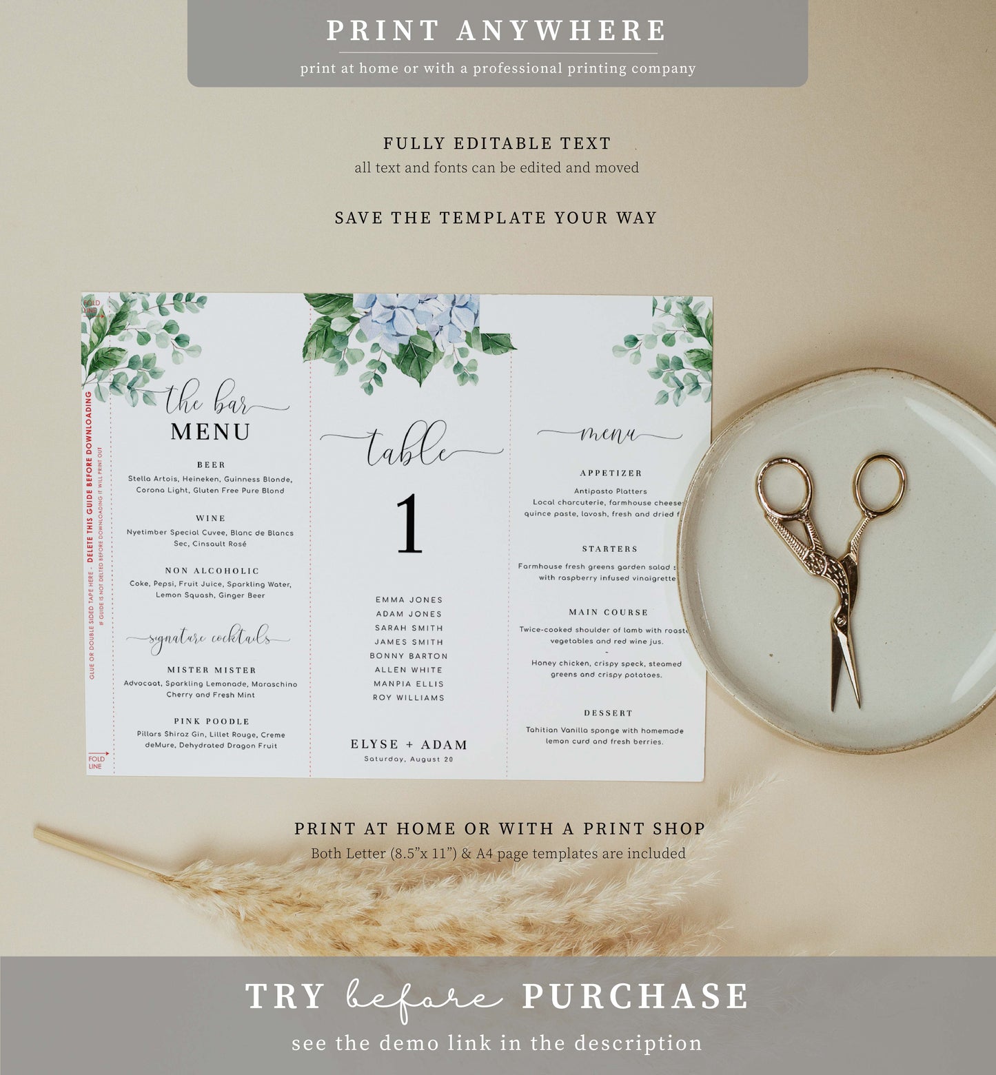 Ferras Blossom Blue | Printable Tri-Fold Menu Template