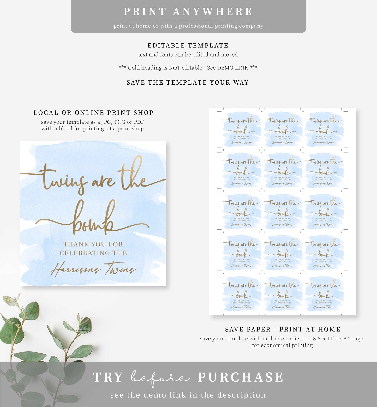 Watercolour Blue Gold | Printable Twins Bath Bomb Favour Tags