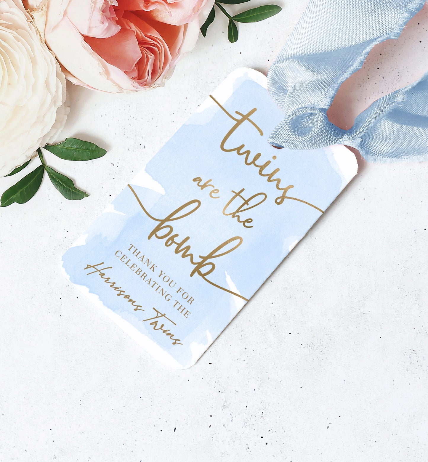 Watercolour Blue Gold | Printable Twins Bath Bomb Favour Tags