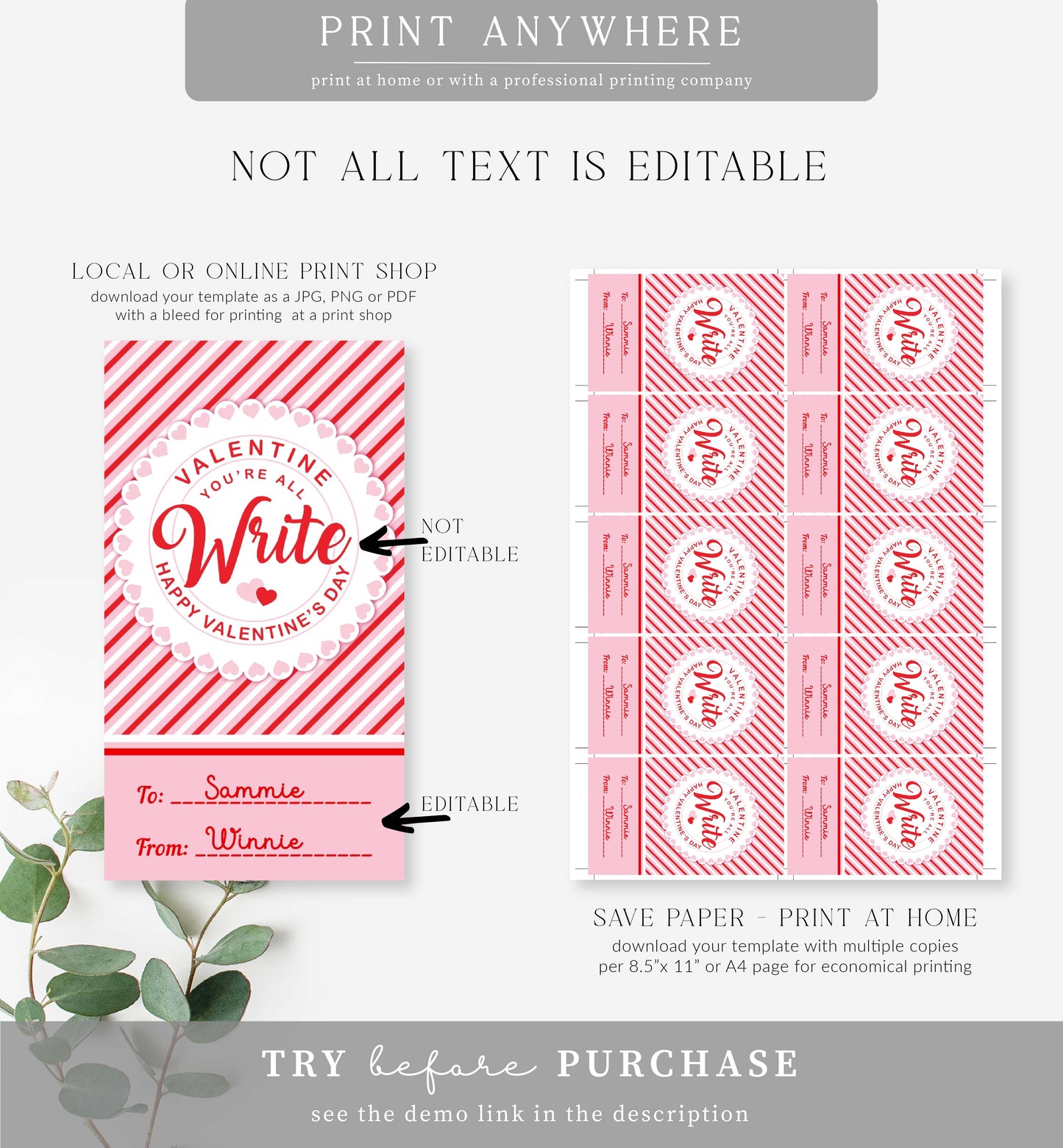Stripe Red Pink | Printable You're All Write Valentine Tag Template