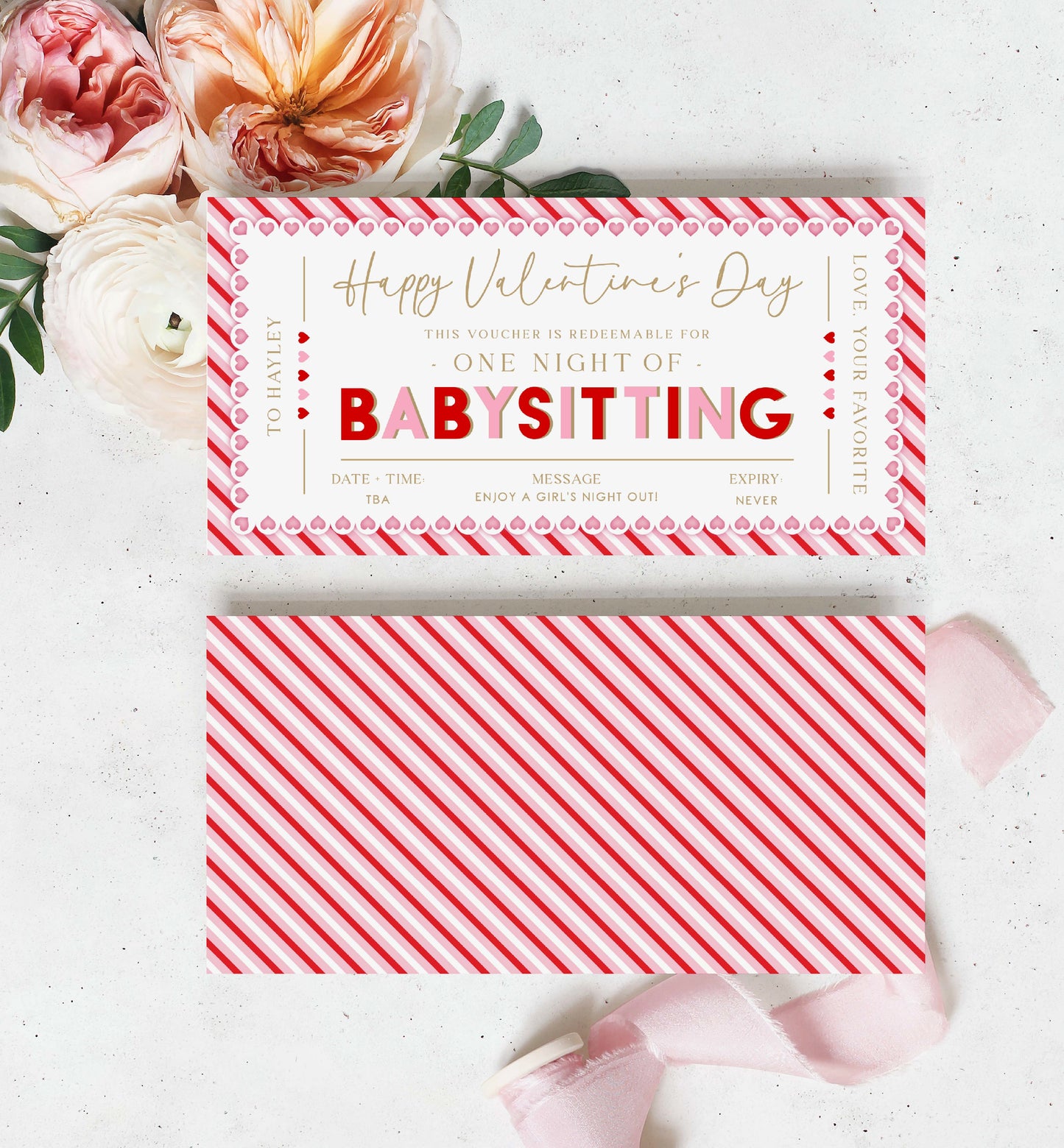 Valentines Day Babysitting Custom Gift Voucher Template, Printable Childminding Gift Certificate, Childminding Date Night Voucher, Present Coupon, Stripe