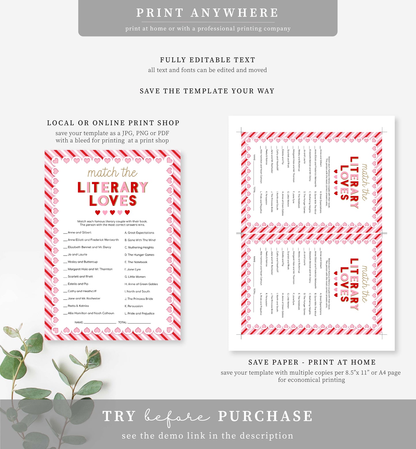 Stripe Pink | Printable Valentine's Day Games Bundle Template