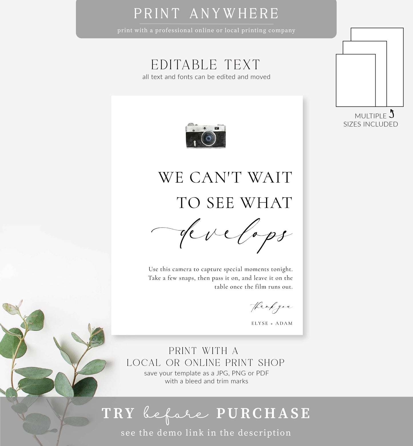 Ellesmere White | Printable Disposable Camera Sign Template