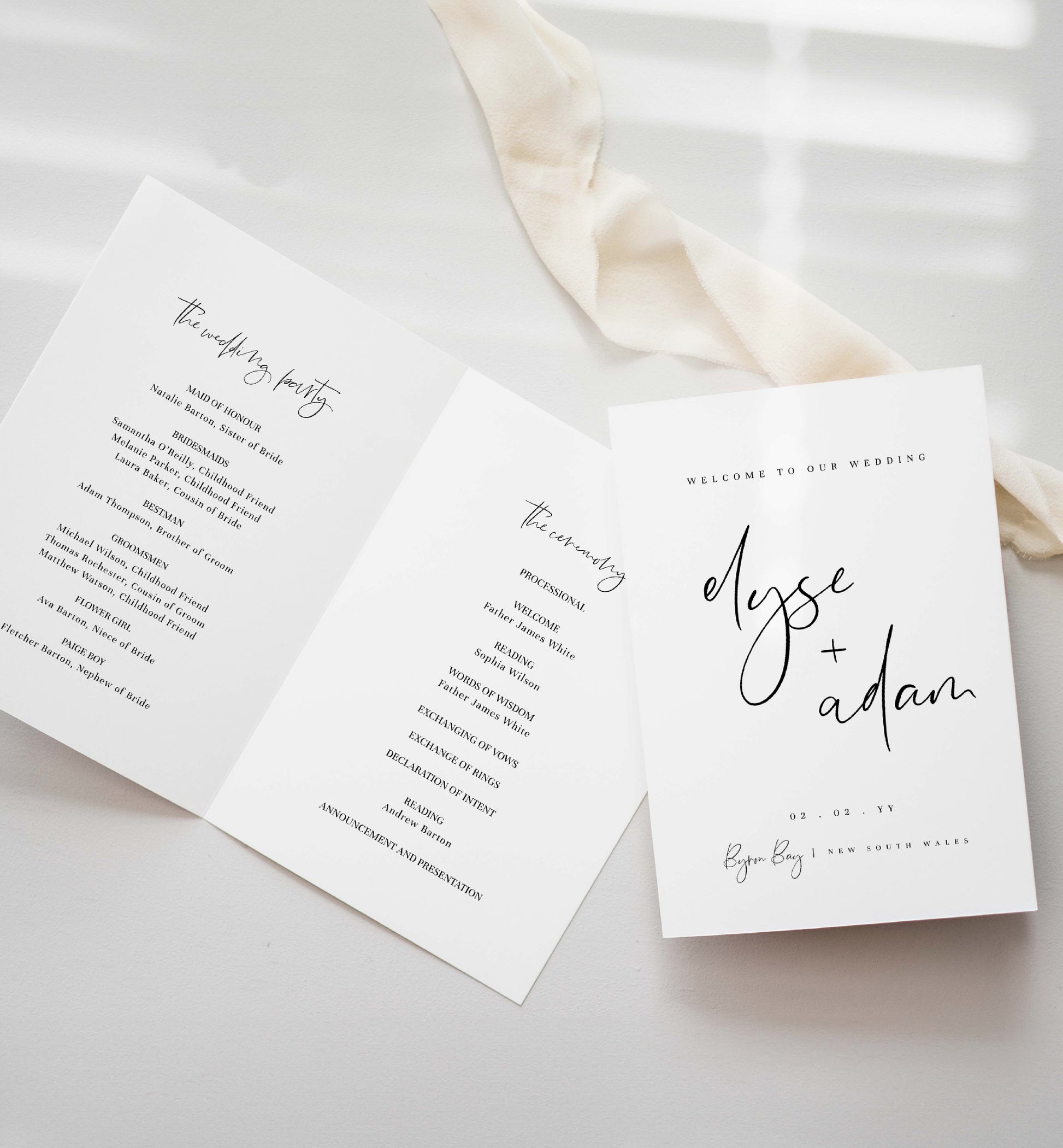 Printable Wedding Ceremony Program Template, Modern Minimalist, Wedding Order of Ceremony Booklet Program, Single Fold Program, Gigi Script