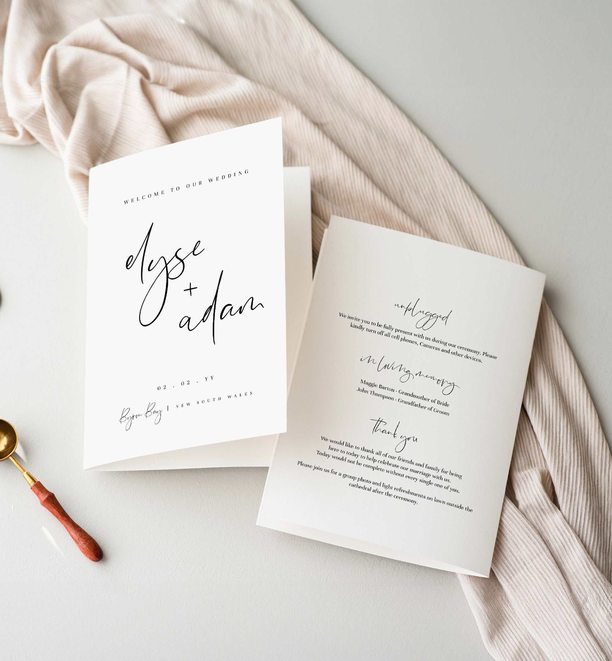 Printable Wedding Ceremony Program Template, Modern Minimalist, Wedding Order of Ceremony Booklet Program, Single Fold Program, Gigi Script