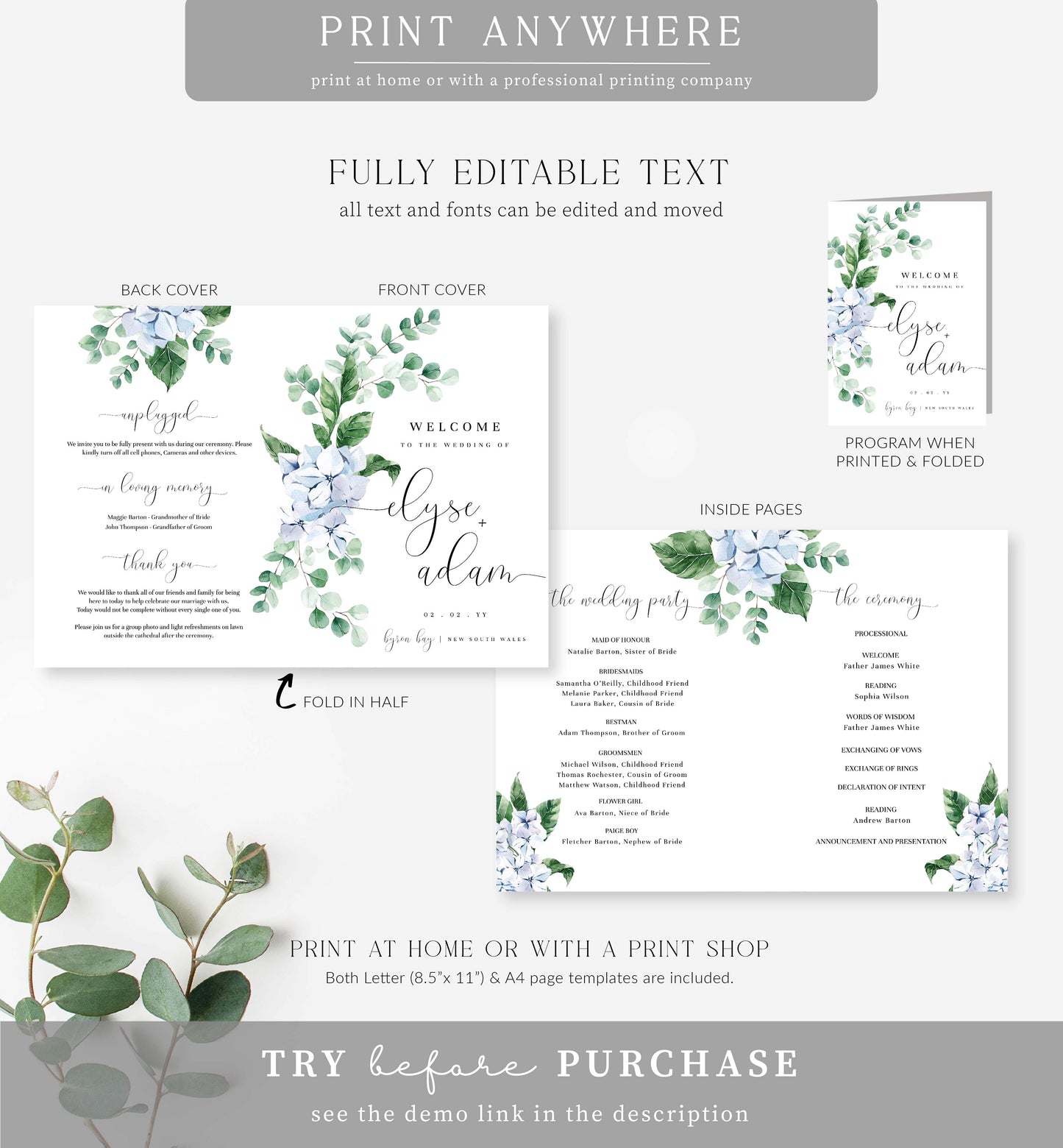 Ferras Blossom Blue | Printable Wedding Folded Program Template
