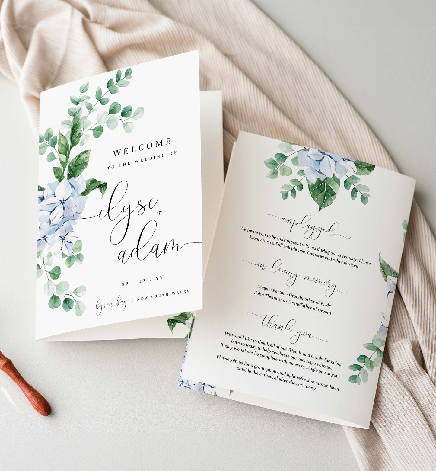 Printable Wedding Ceremony Program Template, Blue Hydrangea, Wedding Order of Ceremony Booklet Program, Single Fold Program, Ferras