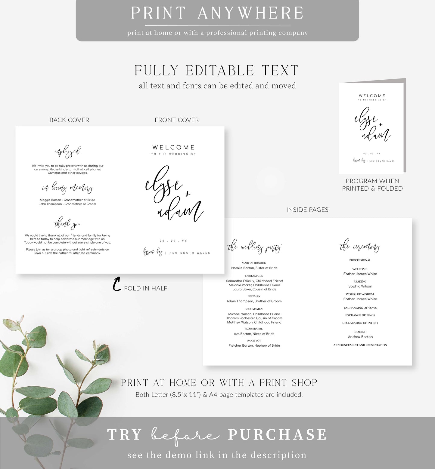 Lucas Script White | Printable Wedding Folded Program Template