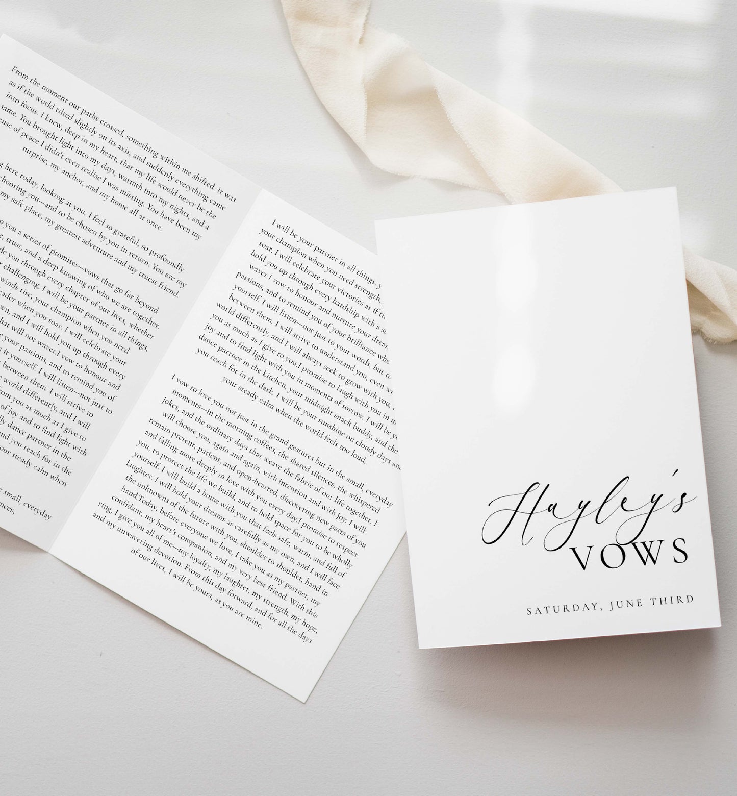 Personalized vow booklets with a cover labeled 'Hayley's Vows' on a light background. Printable His And Her Vow Books, Bride and Groom Wedding Day Card Template, Minimalist Wedding Vows Card, Wedding Ceremony Card Ellesmere