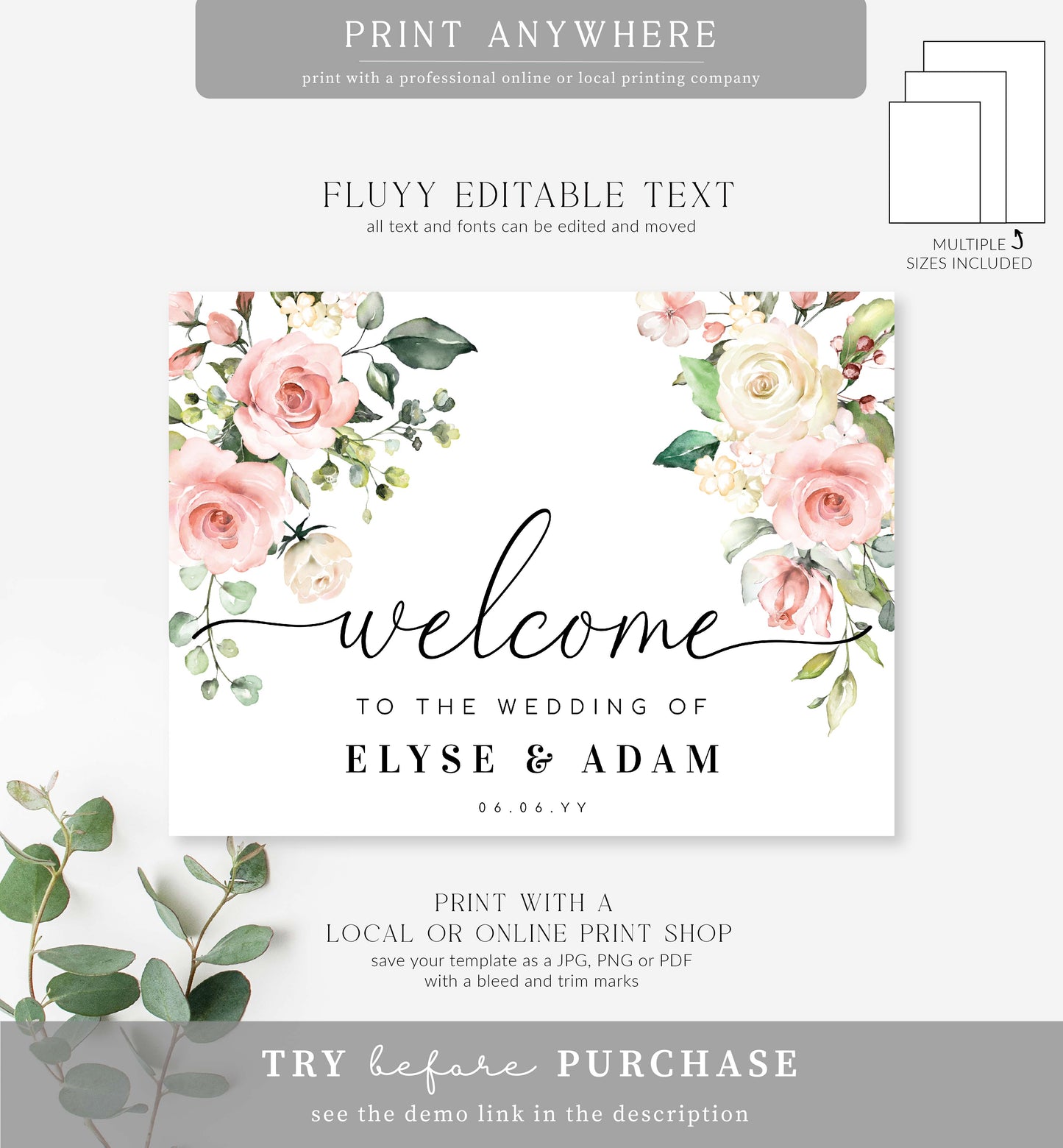 Darcy Floral Pink | Printable Welcome Sign Template