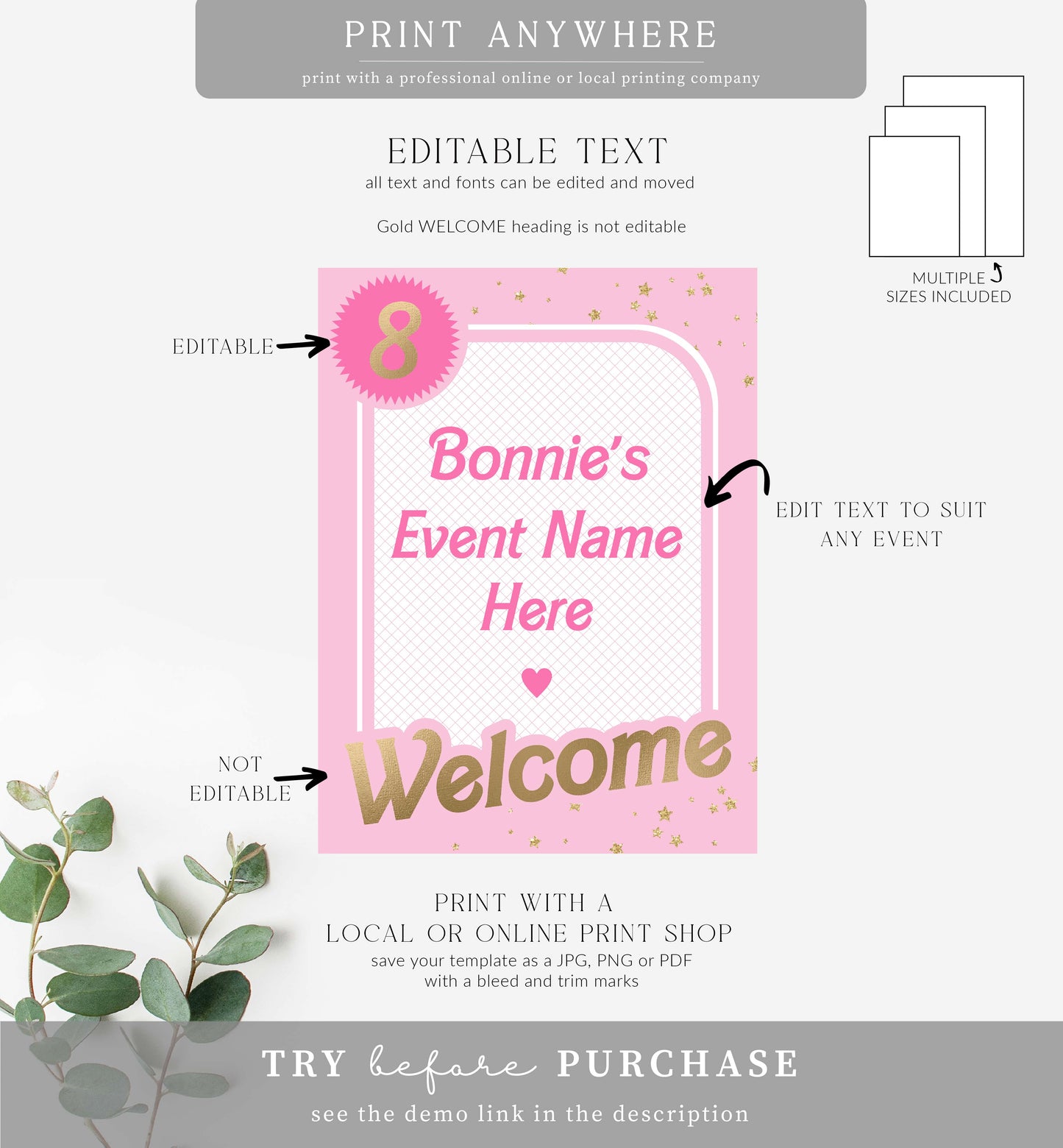 Barbie Party Pink Gold | Printable Welcome Sign Template