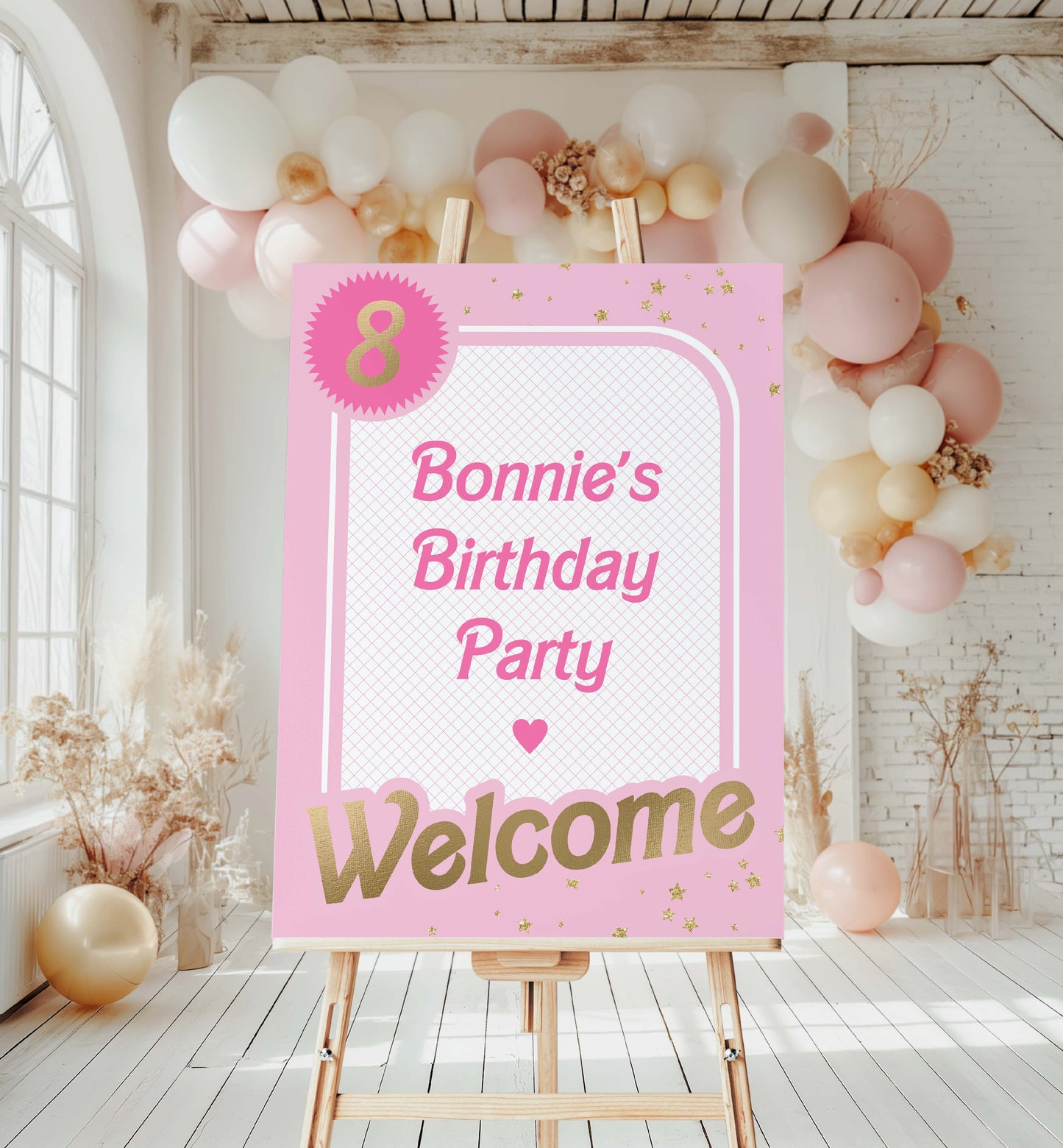 Printable Babie Pink Welcome Sign, Printable Editable Pink Gold Girl's Come On Barbie Let's Go Party Welcome Sign, Girls Pink Doll Party Welcome Sign