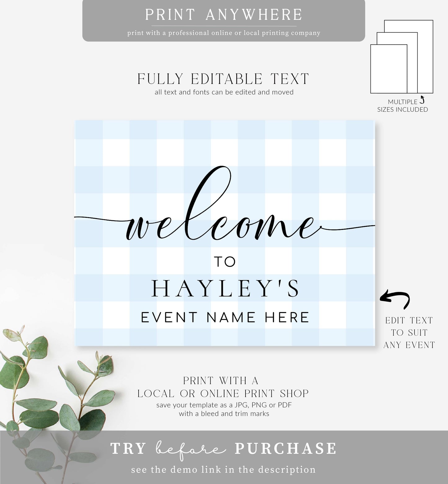 Gingham Blue | Printable Welcome Sign Template