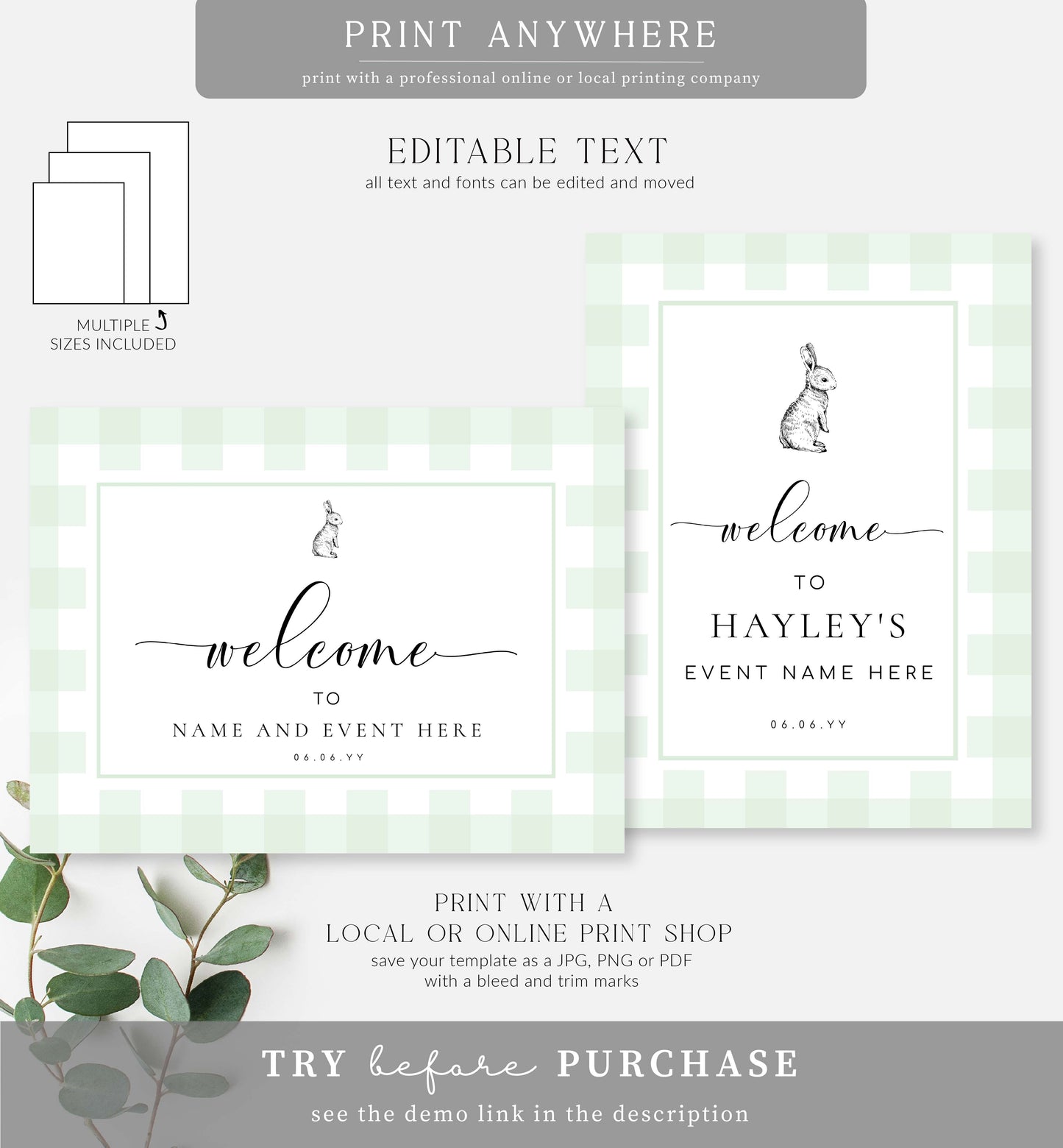 Gingham Bunny Mint Green | Printable Welcome Sign Template