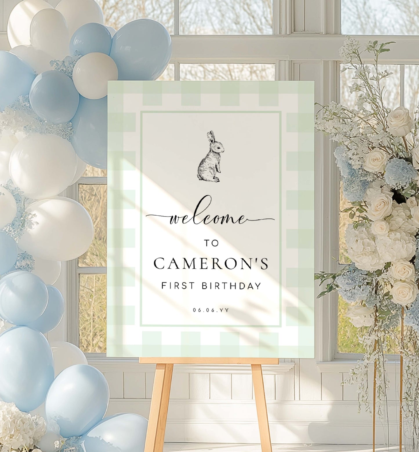 Birthday sign with 'welcome to Cameron's first birthday' text, surrounded by balloons and flowers. Printable Welcome Sign, Mint Green Gingham, Bunny Rabbit Gender Neutral Baby Shower Pale Green Check Welcome Sign, Baby Shower Welcome Sign