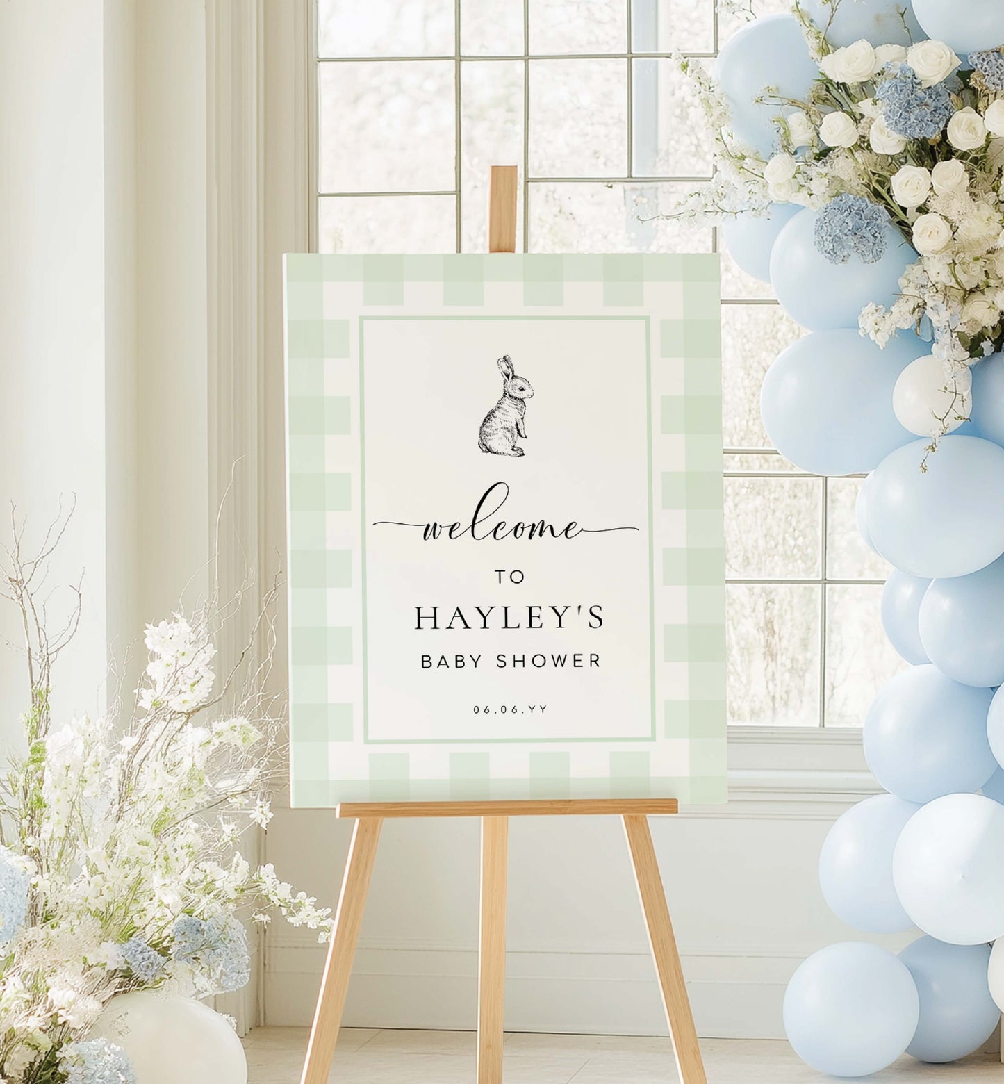 Baby shower welcome sign with floral decorations and balloons in a room. Printable Welcome Sign, Mint Green Gingham, Bunny Rabbit Gender Neutral Baby Shower Pale Green Check Welcome Sign, Baby Shower Welcome Sign