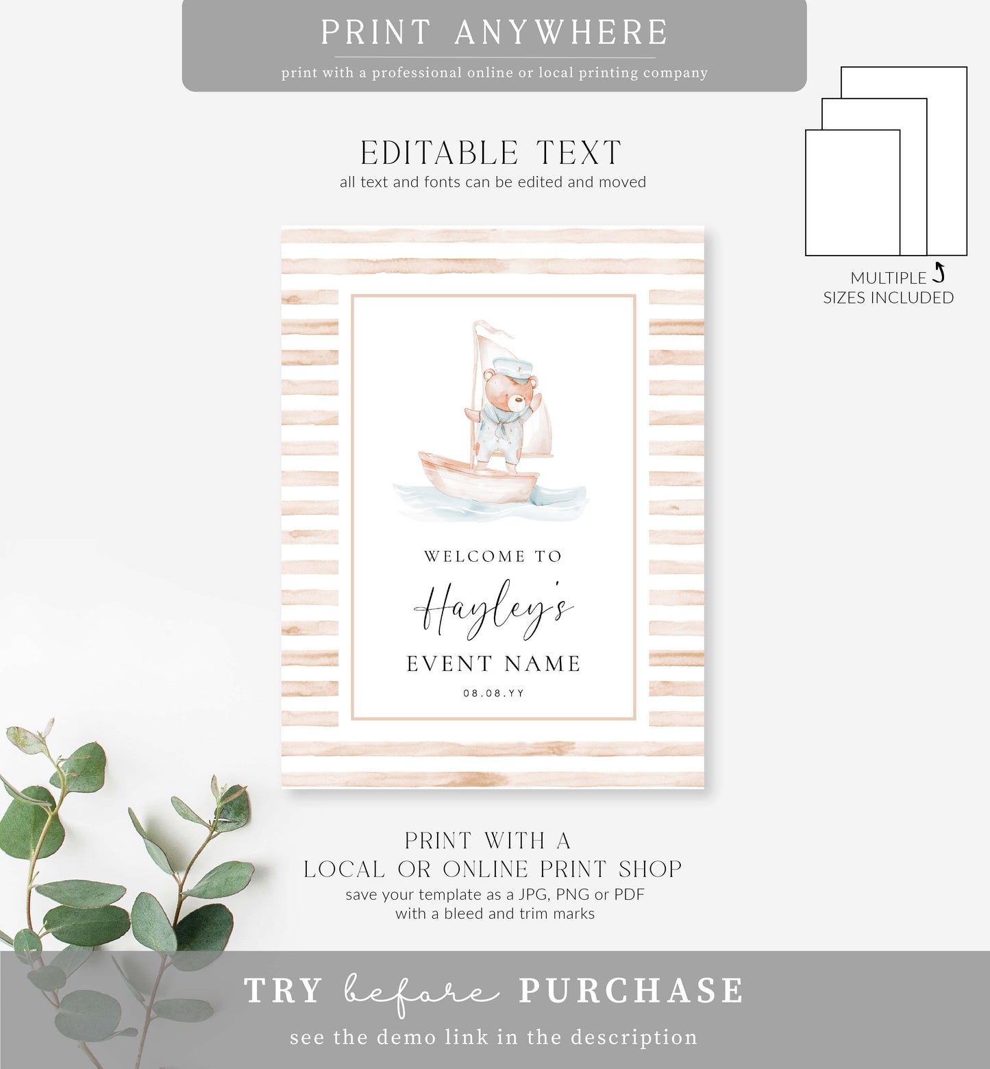 Sailor Bear Boat Tan | Printable Welcome Sign Template