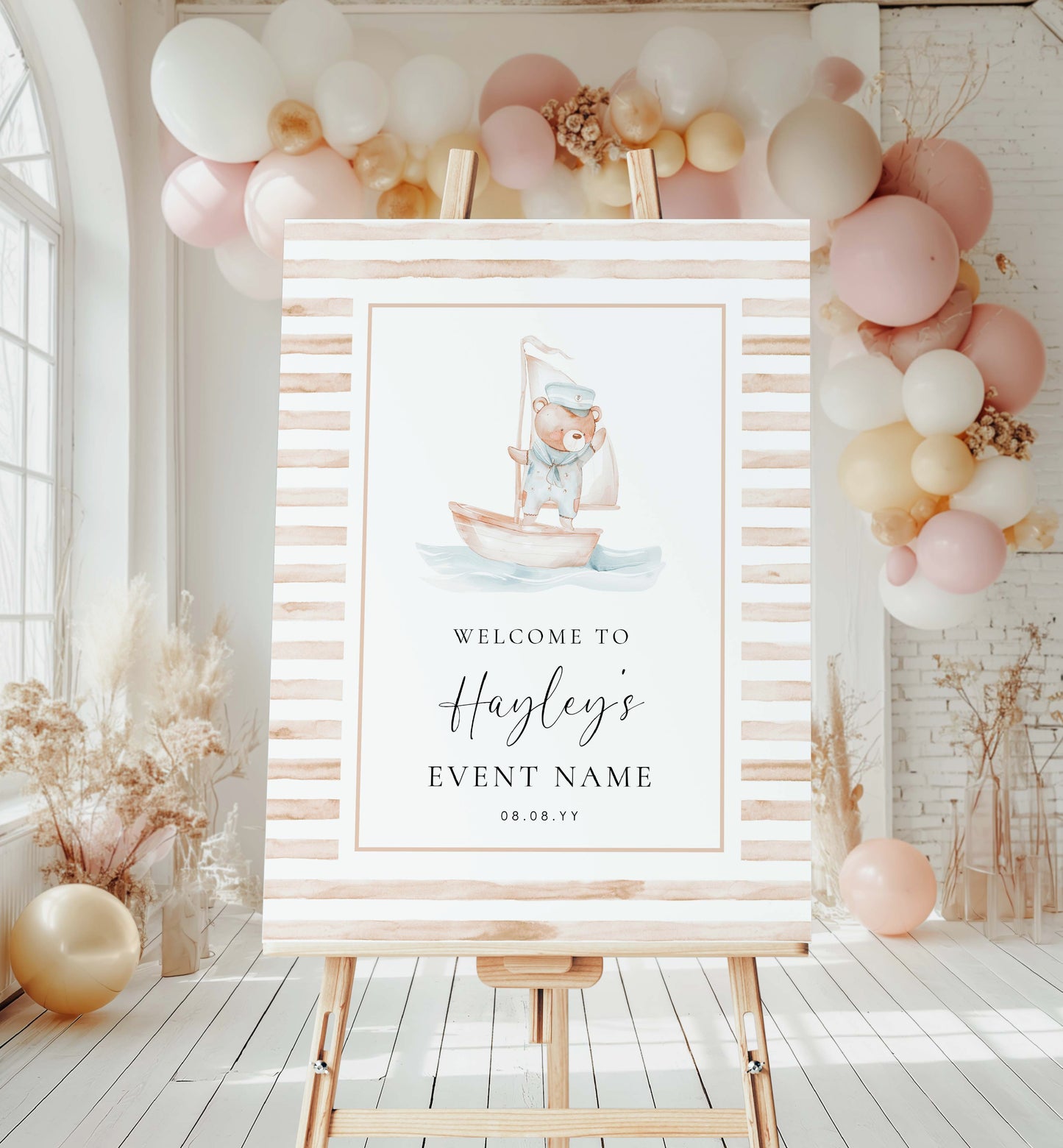 Printable Teddy Bear Welcome Sign Template, Sailor Bear, Beige Tan Stripe Boy Baby Shower Welcome Sign, Nautical Sailing Boat Welcome Sign