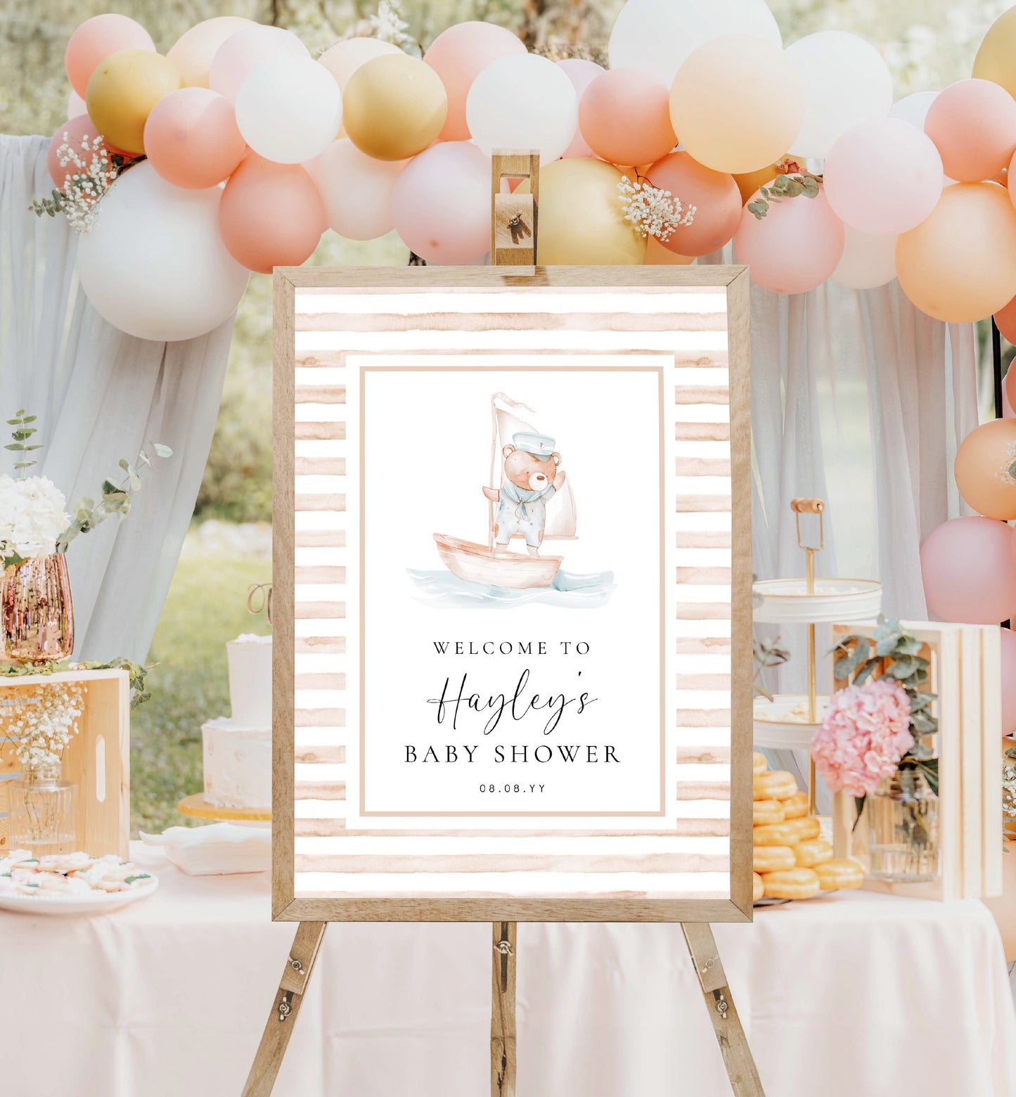 Printable Teddy Bear Welcome Sign Template, Sailor Bear, Beige Tan Stripe Boy Baby Shower Welcome Sign, Nautical Sailing Boat Welcome Sign