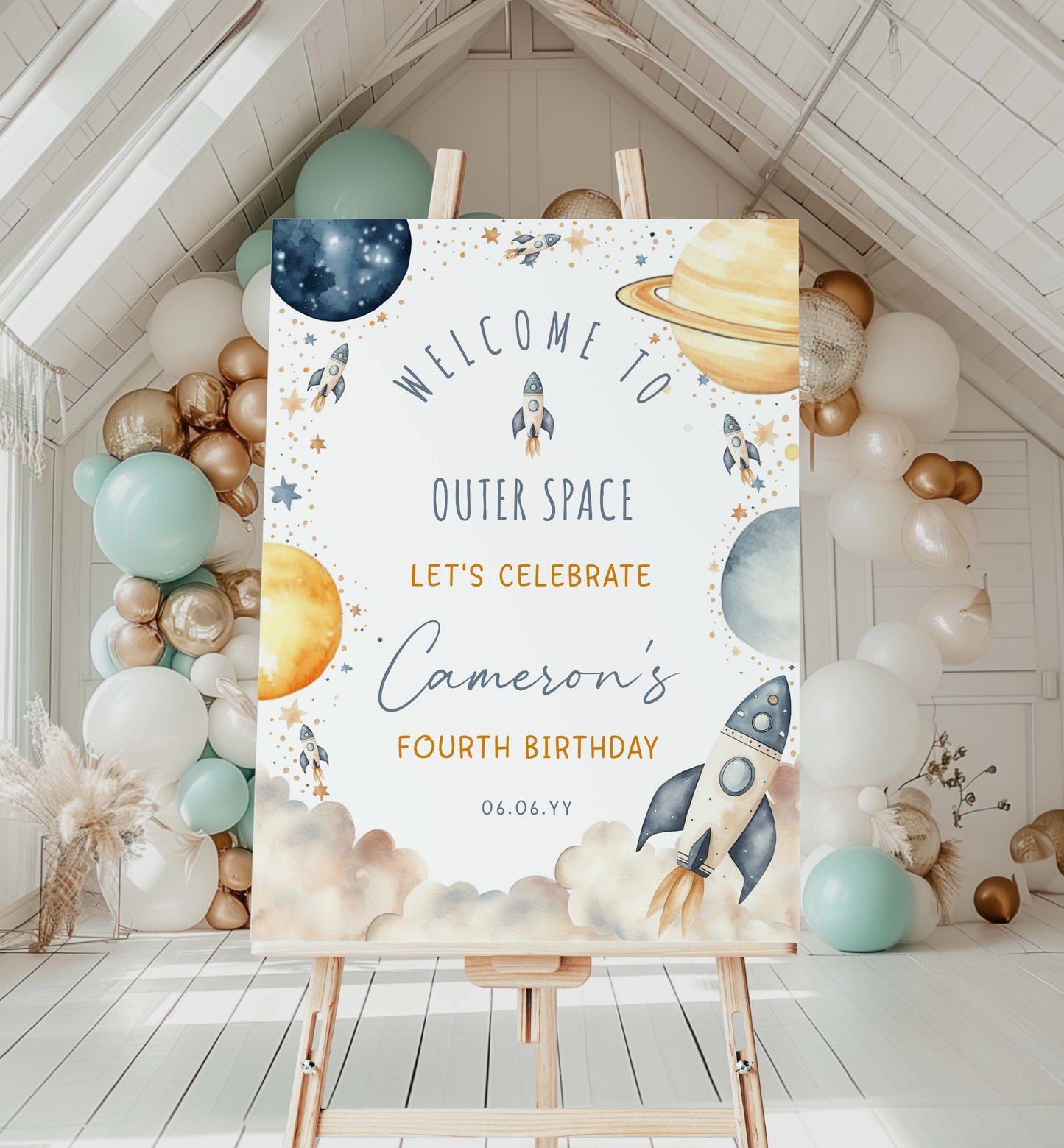 Rocket Ship Outer Space Birthday Welcome Sign, Printable Galaxy Planets Birthday Welcome Sign, Boy Space Birthday Blast Off Sign
