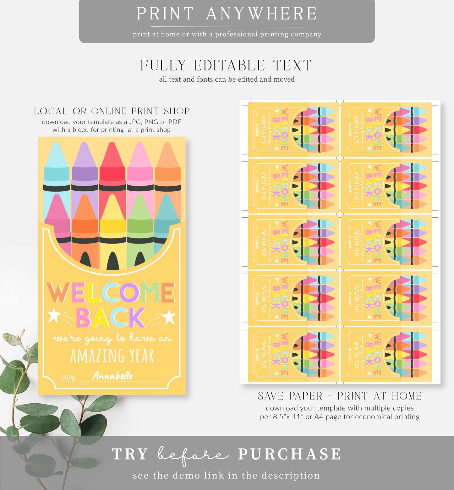 Pencil | Printable Welcome Back Crayon Favour Tag Template