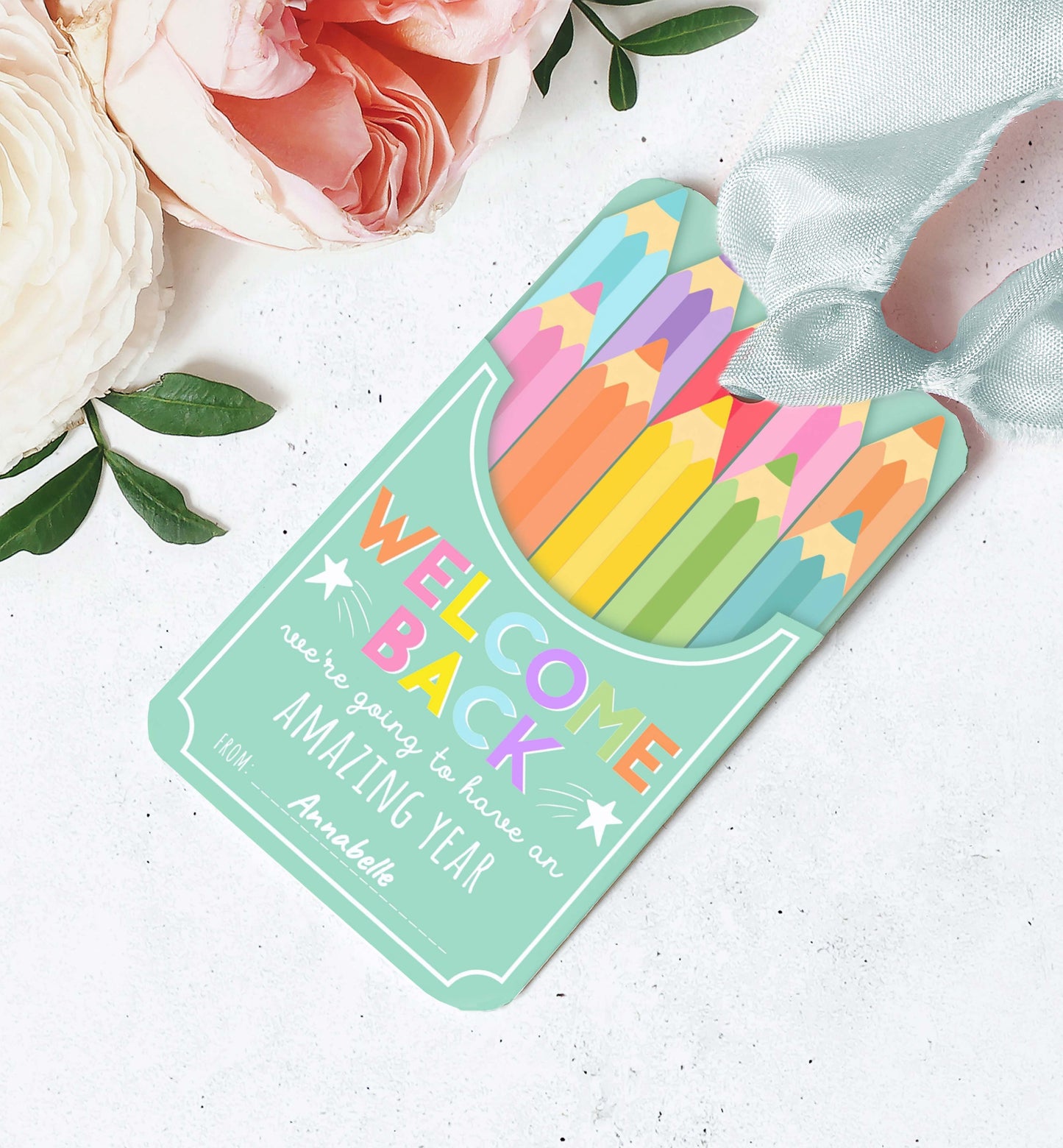 Colorful 'Welcome Back' tag with pencils and flowers on a light background. Printable Back To School Tag Template, Welcome Back To School Pencil Holder Tag, New School Year Classroom Gift, Crayon Gift