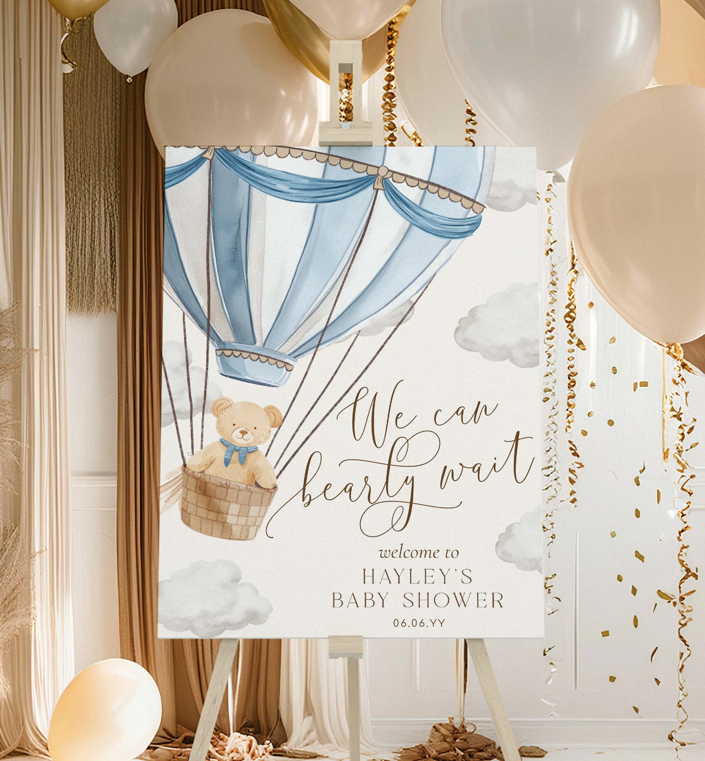 Printable We Can Bearly Wait Teddy Bear Welcome Sign Template, Blue Hot Air Balloon Baby Shower Welcome Sign, Boy Baby Shower Welcome Sign