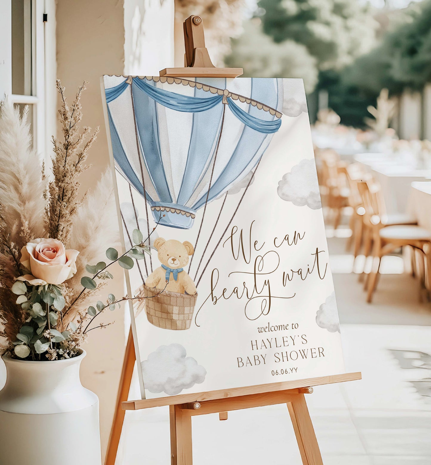 Printable We Can Bearly Wait Teddy Bear Welcome Sign Template, Blue Hot Air Balloon Baby Shower Welcome Sign, Boy Baby Shower Welcome Sign