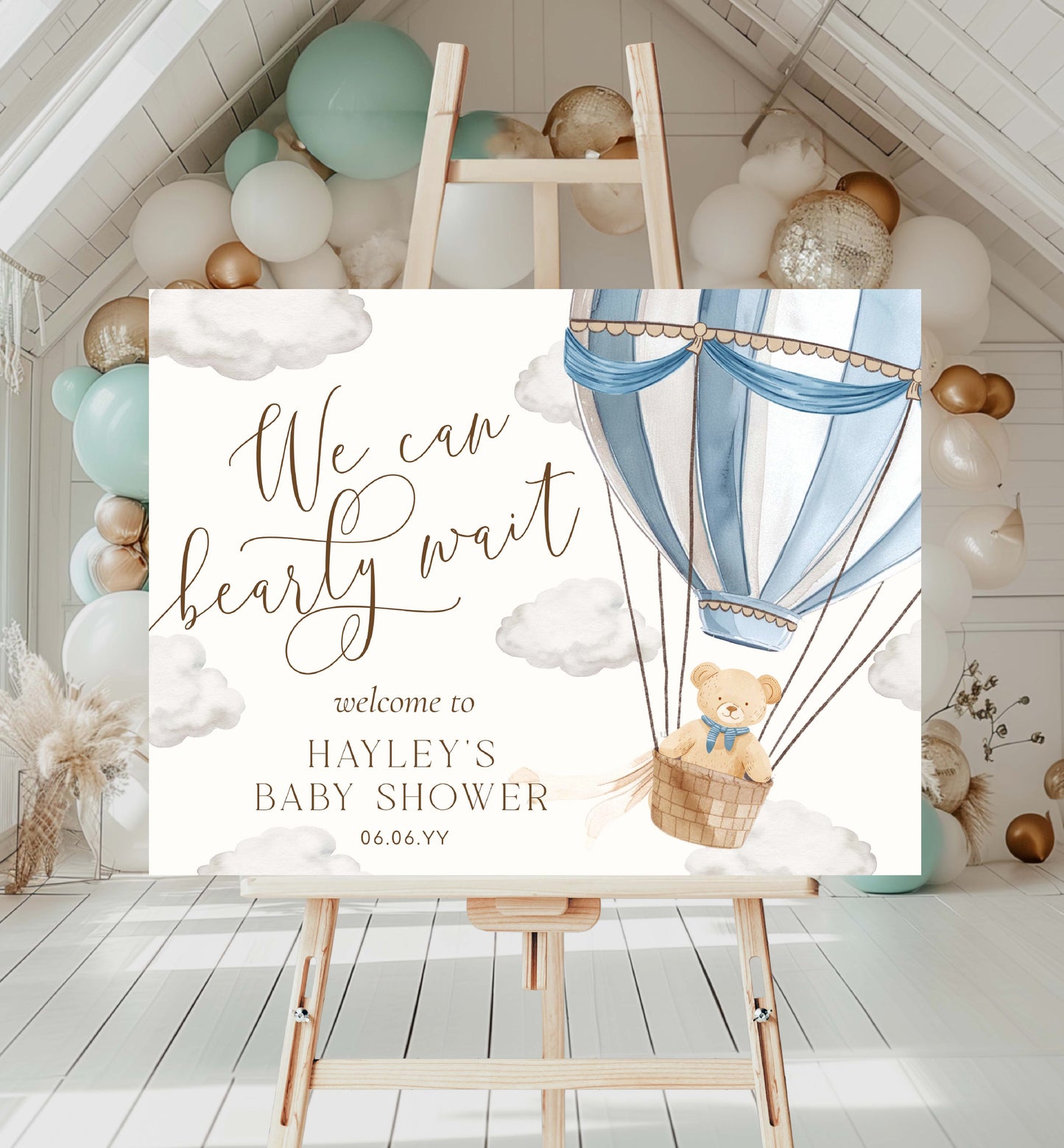 Printable We Can Bearly Wait Teddy Bear Welcome Sign Template, Blue Hot Air Balloon Baby Shower Welcome Sign, Boy Baby Shower Welcome Sign