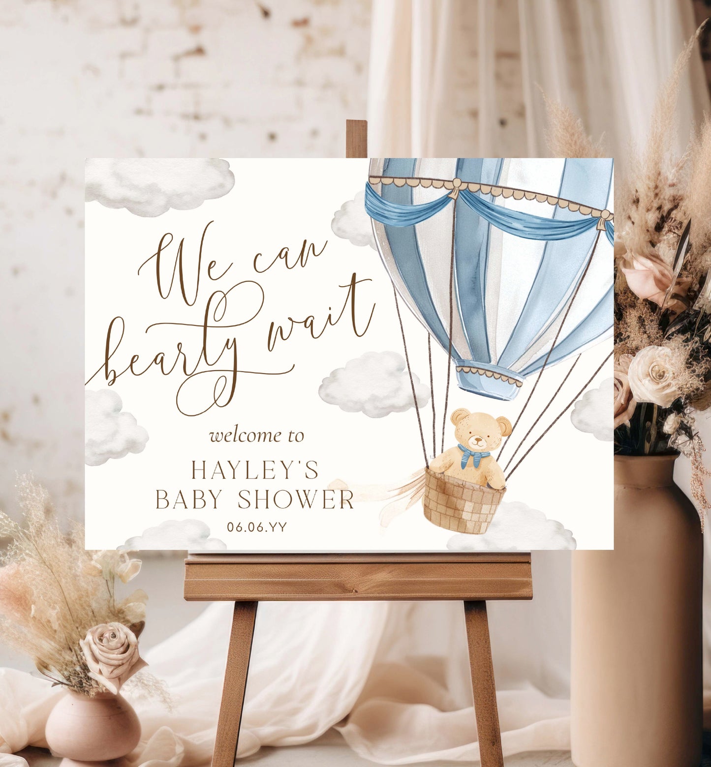 Printable We Can Bearly Wait Teddy Bear Welcome Sign Template, Blue Hot Air Balloon Baby Shower Welcome Sign, Boy Baby Shower Welcome Sign