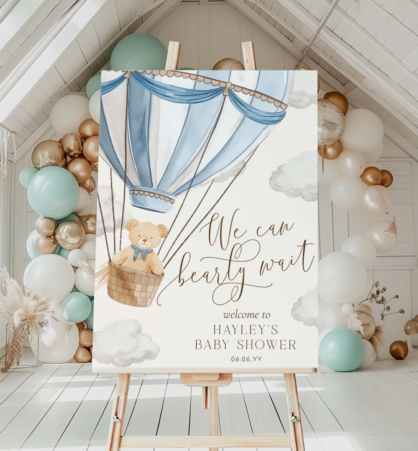 Printable We Can Bearly Wait Teddy Bear Welcome Sign Template, Blue Hot Air Balloon Baby Shower Welcome Sign, Boy Baby Shower Welcome Sign