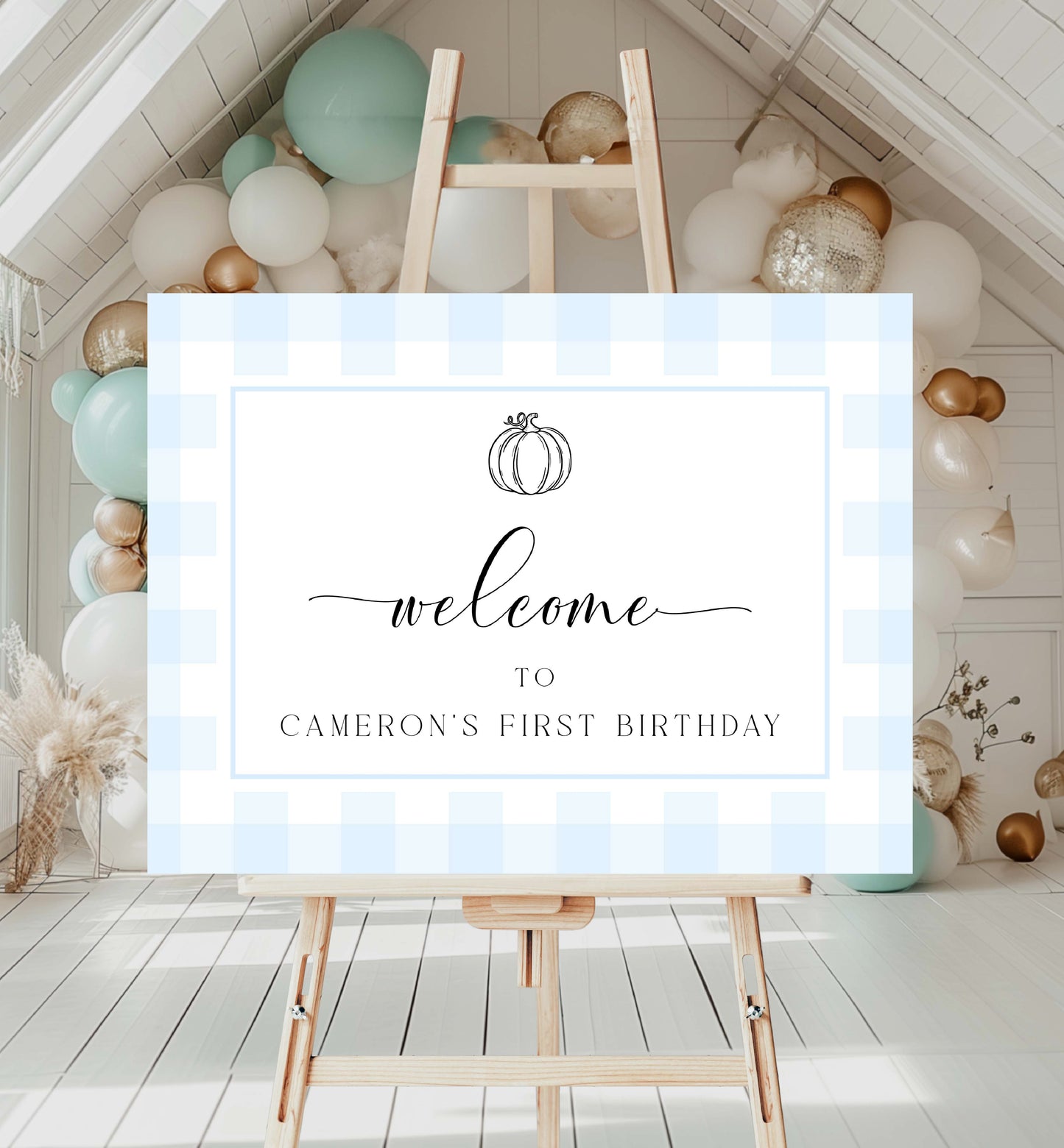 Blue Gingham Welcome Sign, Fall Pumpkin Boy Baby Shower, Pale Blue Check Welcome Sign, Printable Male Birthday Welcome Sign, Kids Party Sign