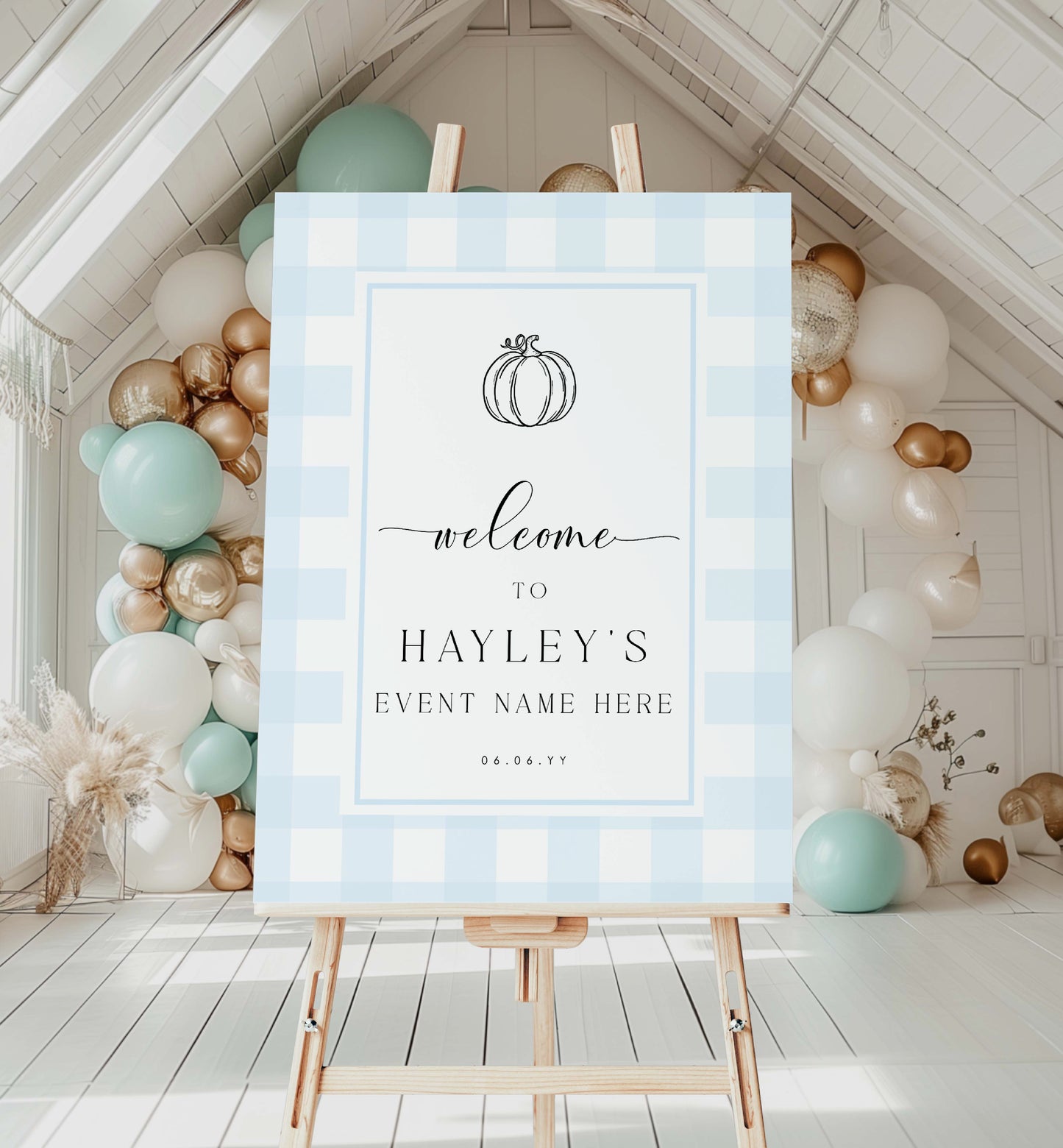 Blue Gingham Welcome Sign, Fall Pumpkin Boy Baby Shower, Pale Blue Check Welcome Sign, Printable Male Birthday Welcome Sign, Kids Party Sign