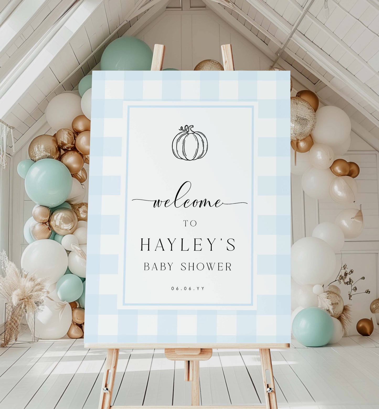 Blue Gingham Welcome Sign, Fall Pumpkin Boy Baby Shower, Pale Blue Check Welcome Sign, Printable Male Birthday Welcome Sign, Kids Party Sign