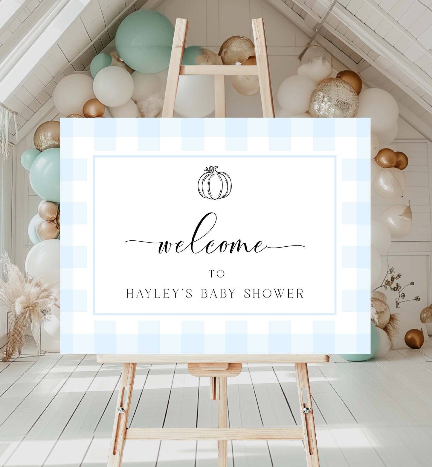 Blue Gingham Welcome Sign, Fall Pumpkin Boy Baby Shower, Pale Blue Check Welcome Sign, Printable Male Birthday Welcome Sign, Kids Party Sign