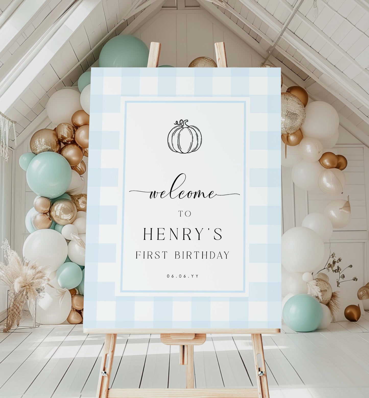 Blue Gingham Welcome Sign, Fall Pumpkin Boy Baby Shower, Pale Blue Check Welcome Sign, Printable Male Birthday Welcome Sign, Kids Party Sign