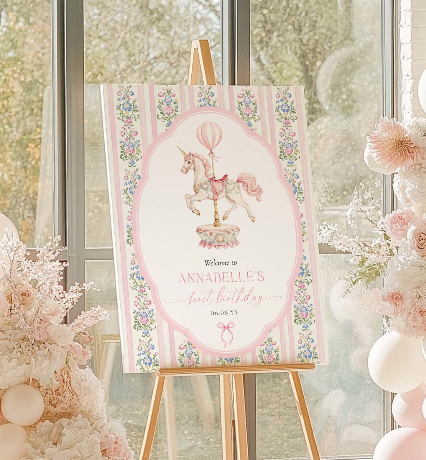 Decorative sign for a unicorn-themed birthday party on an easel with floral decorations. Carousel Horse Welcome Sign, Printable First Birthday Welcome Sign, Girl First Birthday, Whimsical Pink Vintage Circus Unicorn Horse