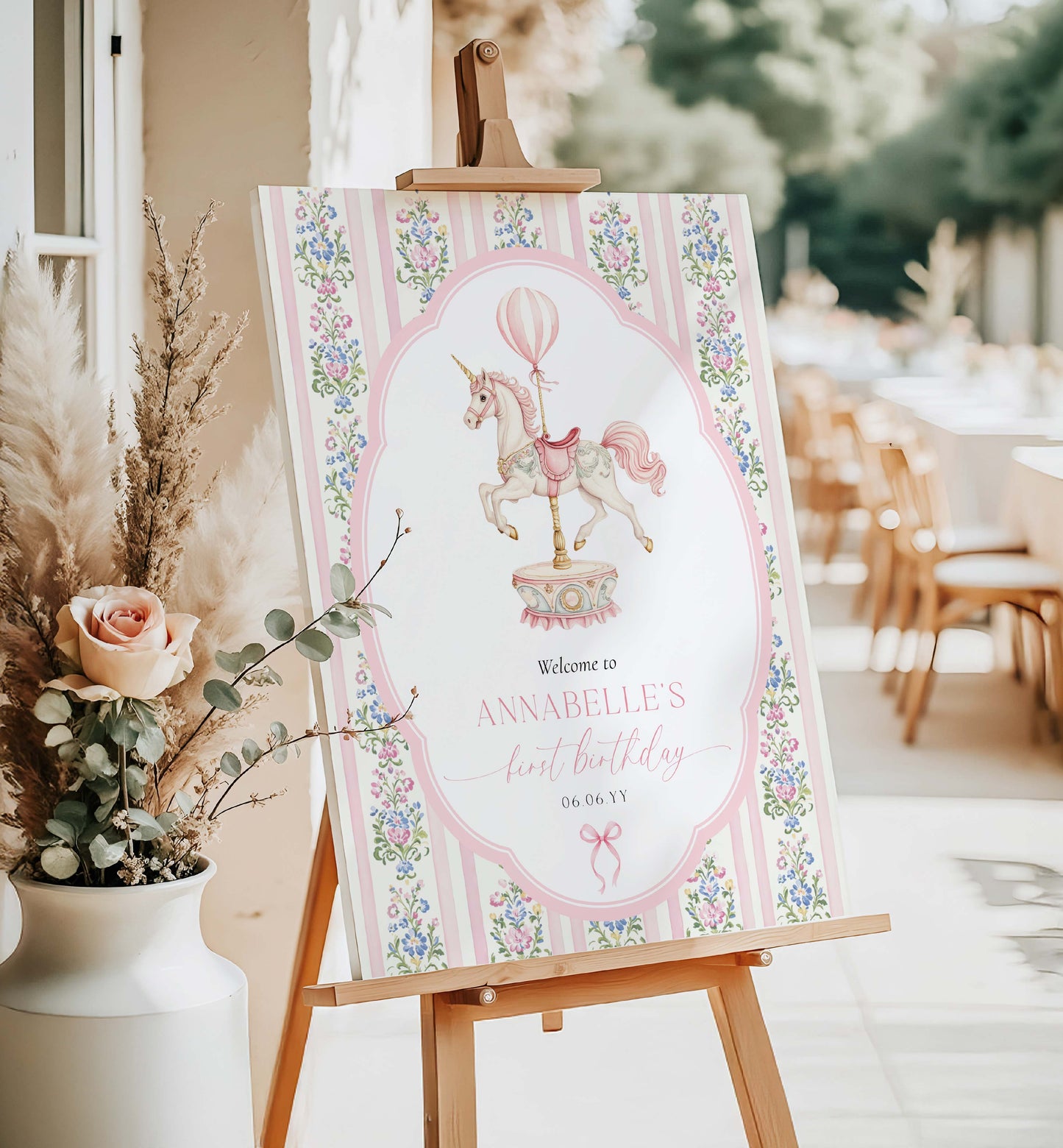 Decorative sign with unicorn design on an easel at a birthday party setup. Carousel Horse Welcome Sign, Printable First Birthday Welcome Sign, Girl First Birthday, Whimsical Pink Vintage Circus Unicorn Horse