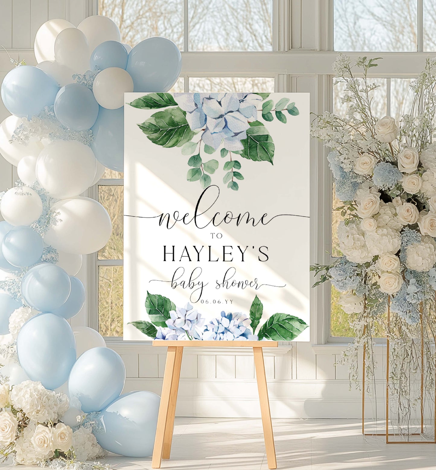 Decorative sign for a baby shower with balloons and flowers in a room. Printable Welcome Sign Template, Blue Hydrangea, Boy Baby Shower Welcome Sign, Bridal Shower Welcome Sign, Wedding Welcome Sign, Ferras