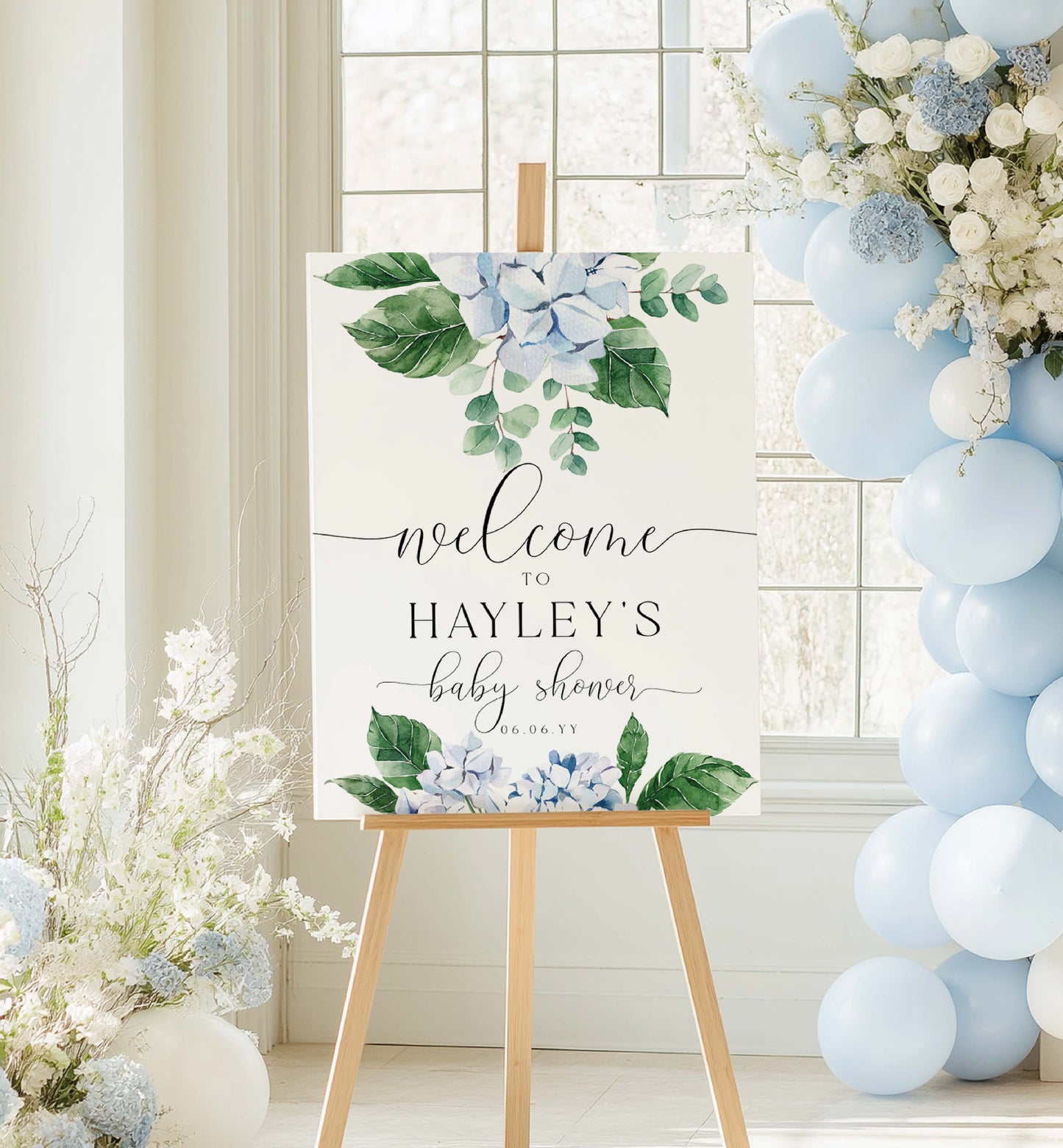 Baby shower welcome sign with floral design on an easel, surrounded by balloons and flowers. Printable Welcome Sign Template, Blue Hydrangea, Boy Baby Shower Welcome Sign, Bridal Shower Welcome Sign, Wedding Welcome Sign, Ferras