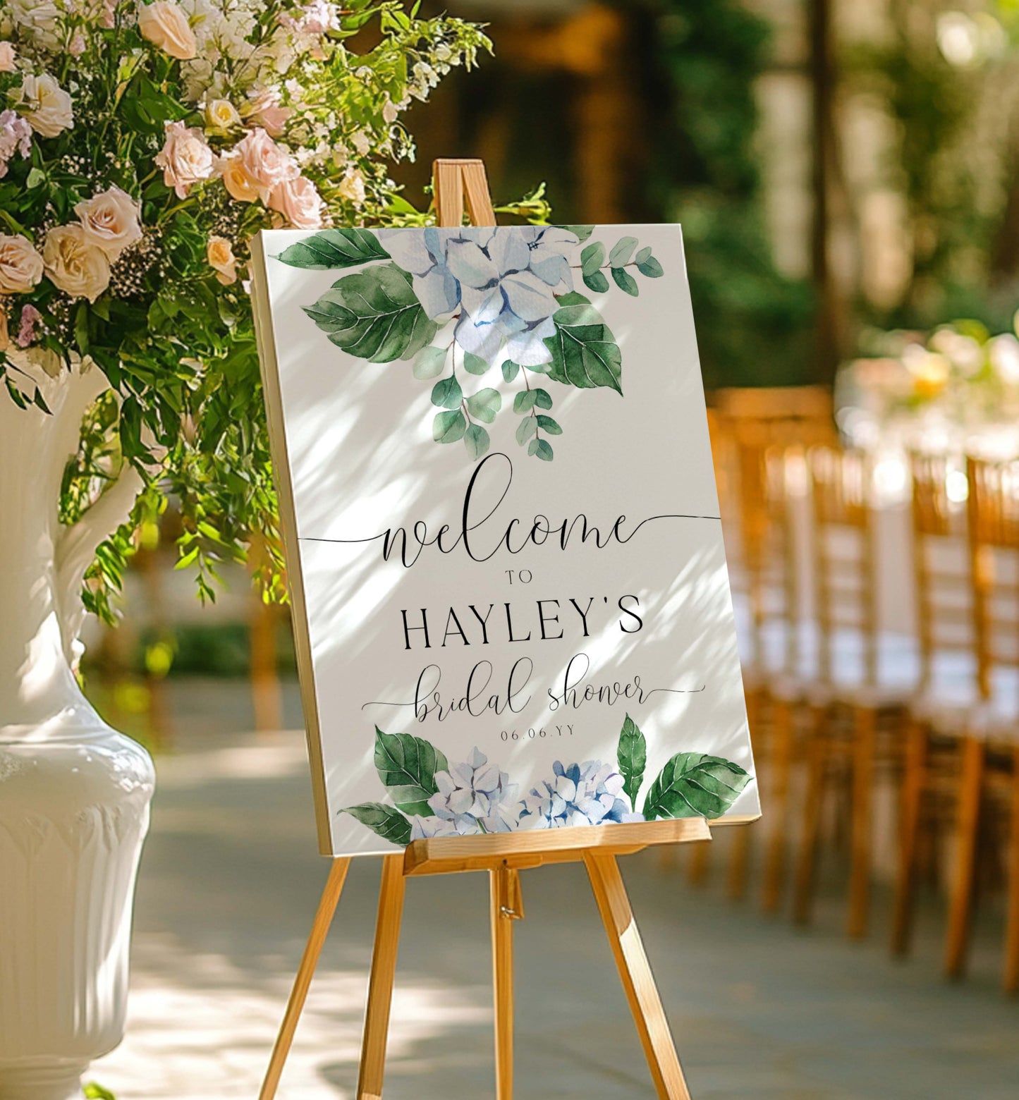Welcome sign for Hayley's bridal shower with floral design on an easel. Printable Welcome Sign Template, Blue Hydrangea, Boy Baby Shower Welcome Sign, Bridal Shower Welcome Sign, Wedding Welcome Sign, Ferras