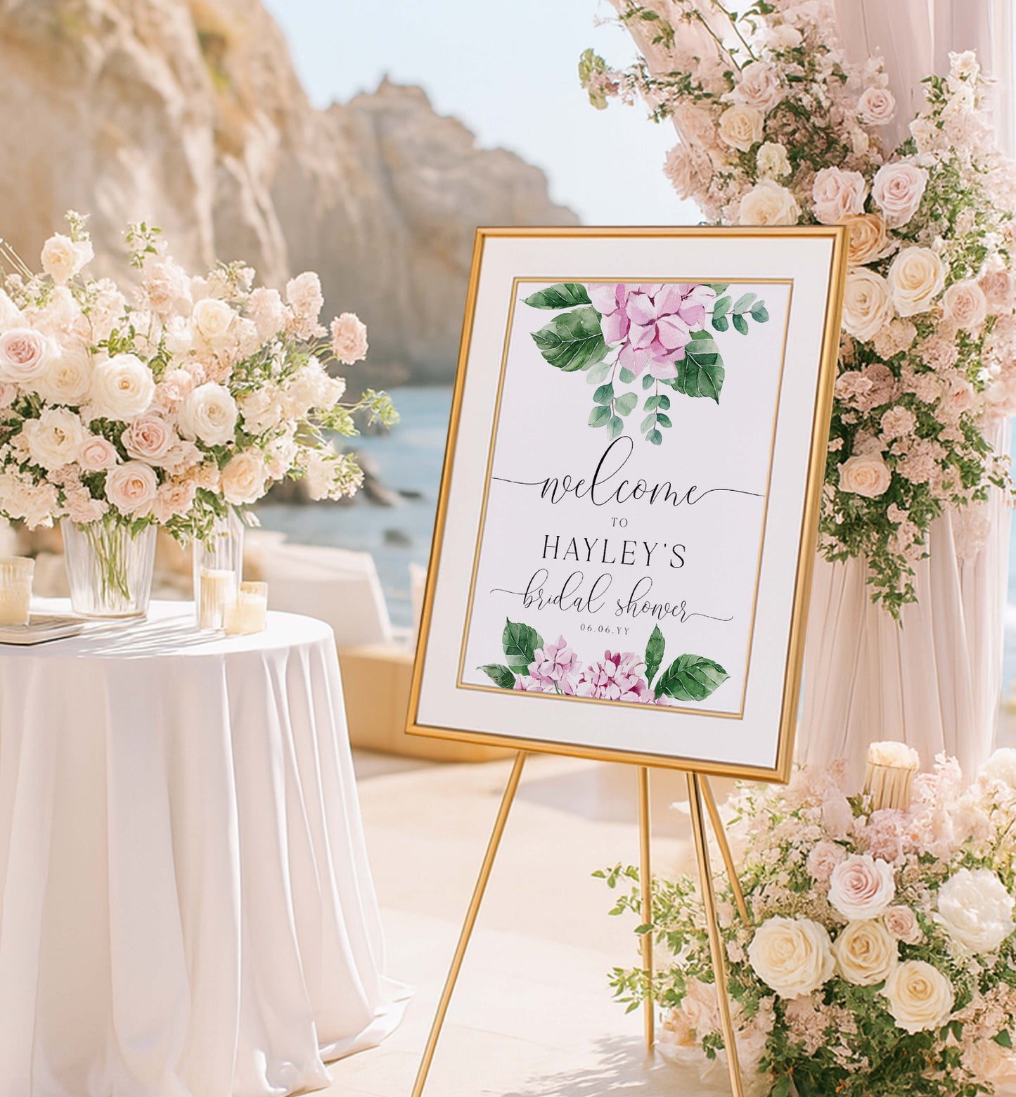 Decorative setup with floral arrangements and a 'welcome' sign for Hayley's bridal shower by the sea. Printable Welcome Template, Pink Hydrangea Bridal Shower Welcome Sign, Girl Baby Shower Welcome Sign, Wedding Welcome Sign, Ferras Blossom